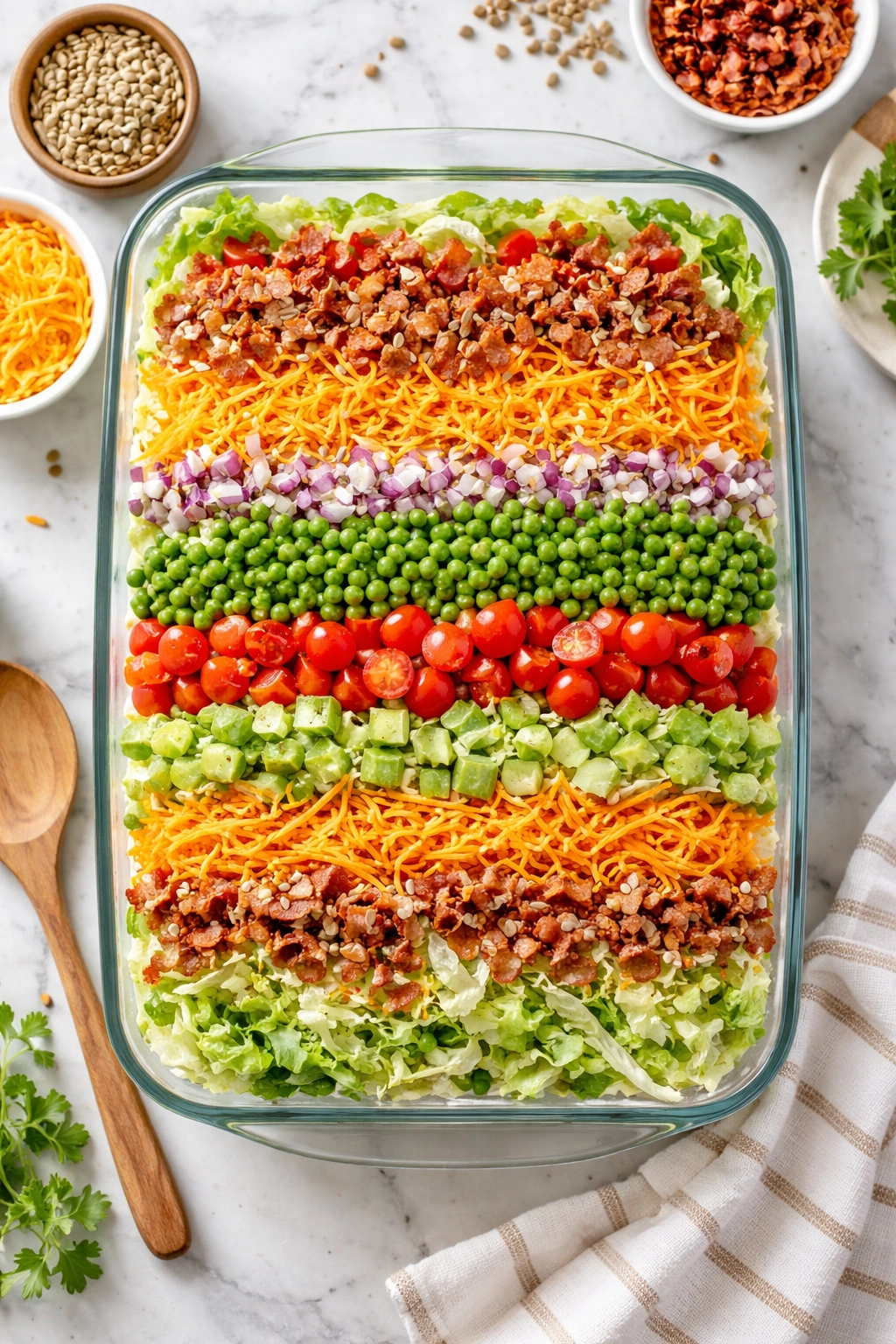 Top-down view of a classic layered salad in a 9x13 dish with multiple visible ingredients