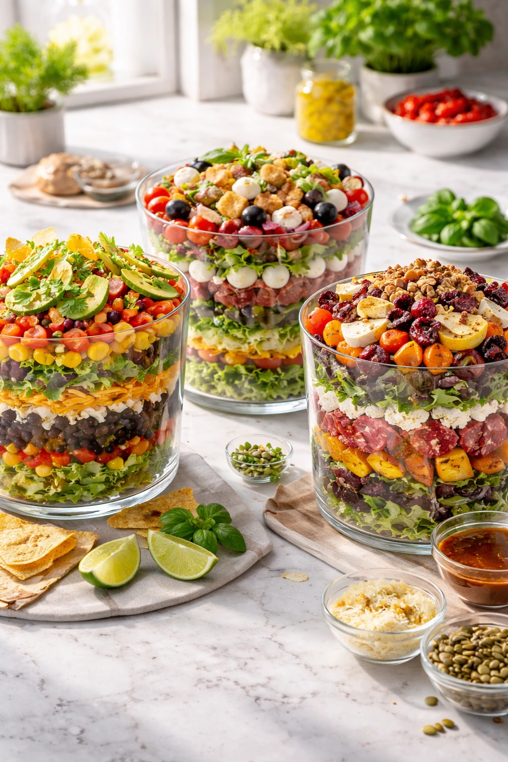 Three colorful layered salads in glass bowls showing variation in fillings