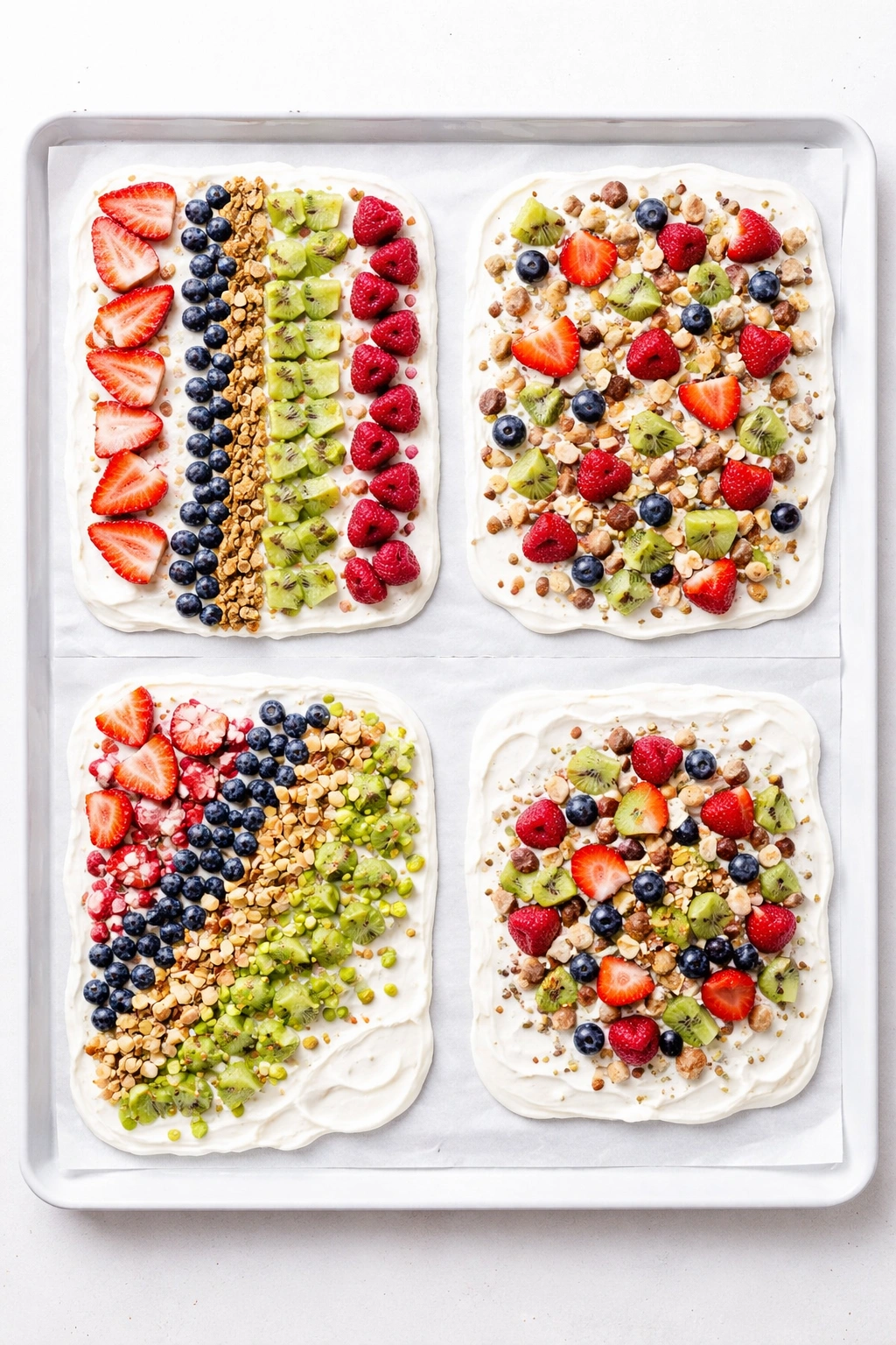 Yogurt bark showing layered sections with distinct toppings