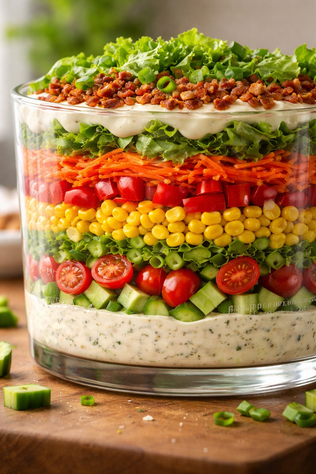 Cross-section of layered salad showing distinct layers and emulsion barrier