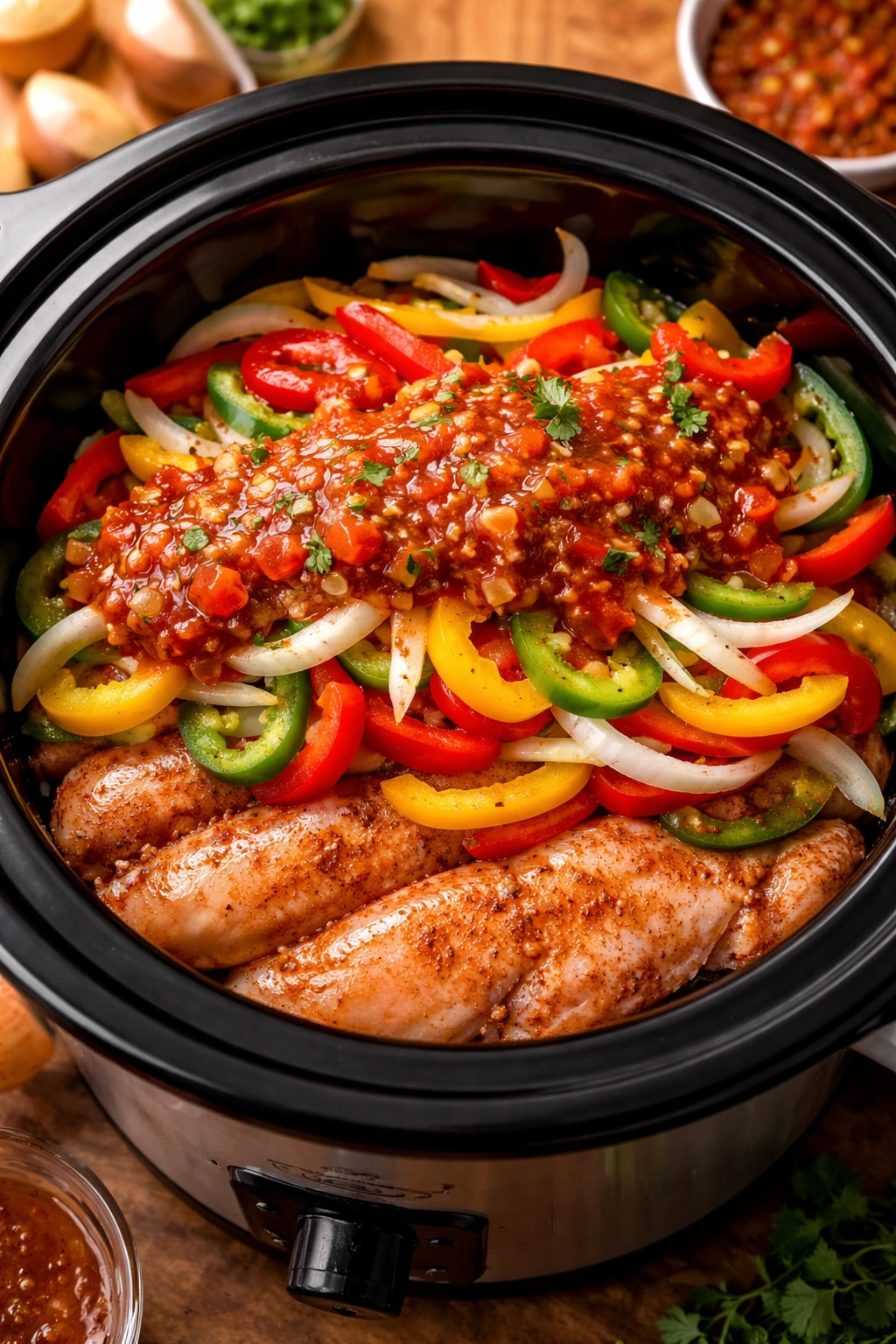 Layered chicken, peppers, onions, and salsa inside a slow cooker