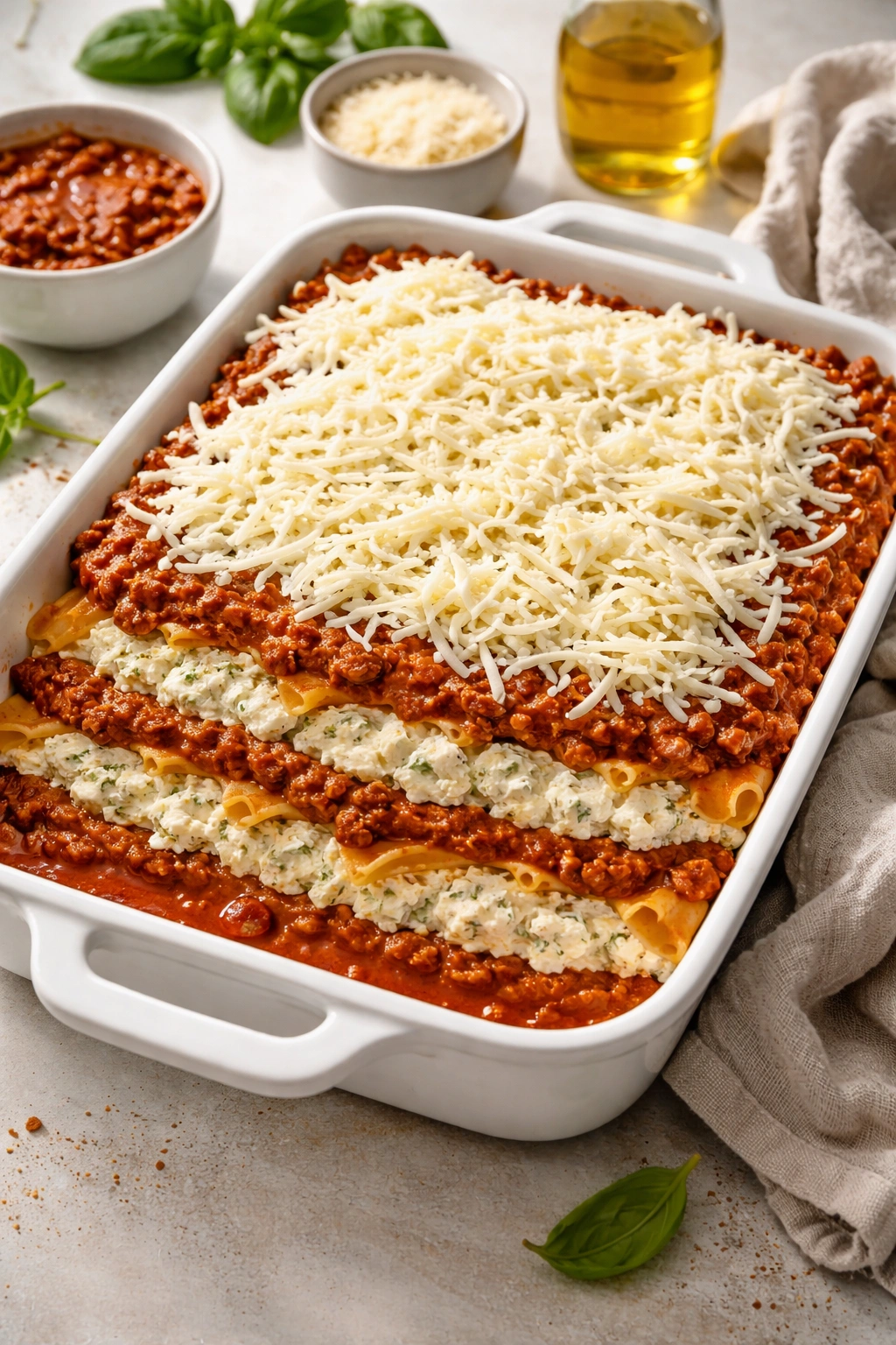 Casserole with alternating layers of ricotta-pasta and meat sauce topped with mozzarella