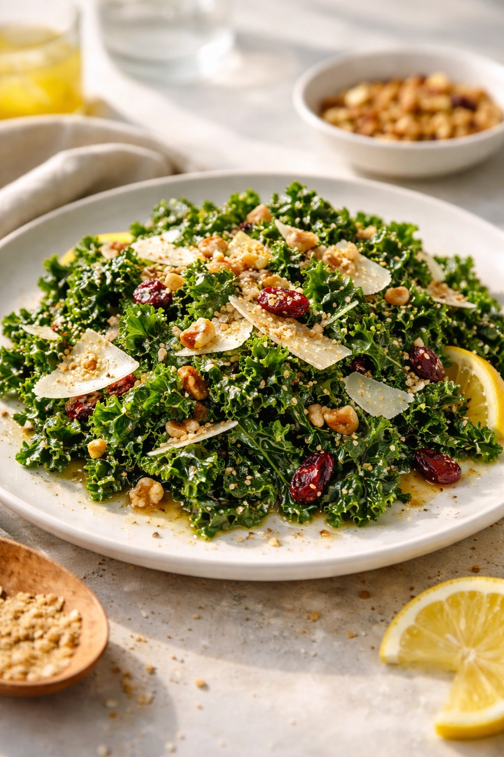 Plated kale salad showing layered texture and ingredients