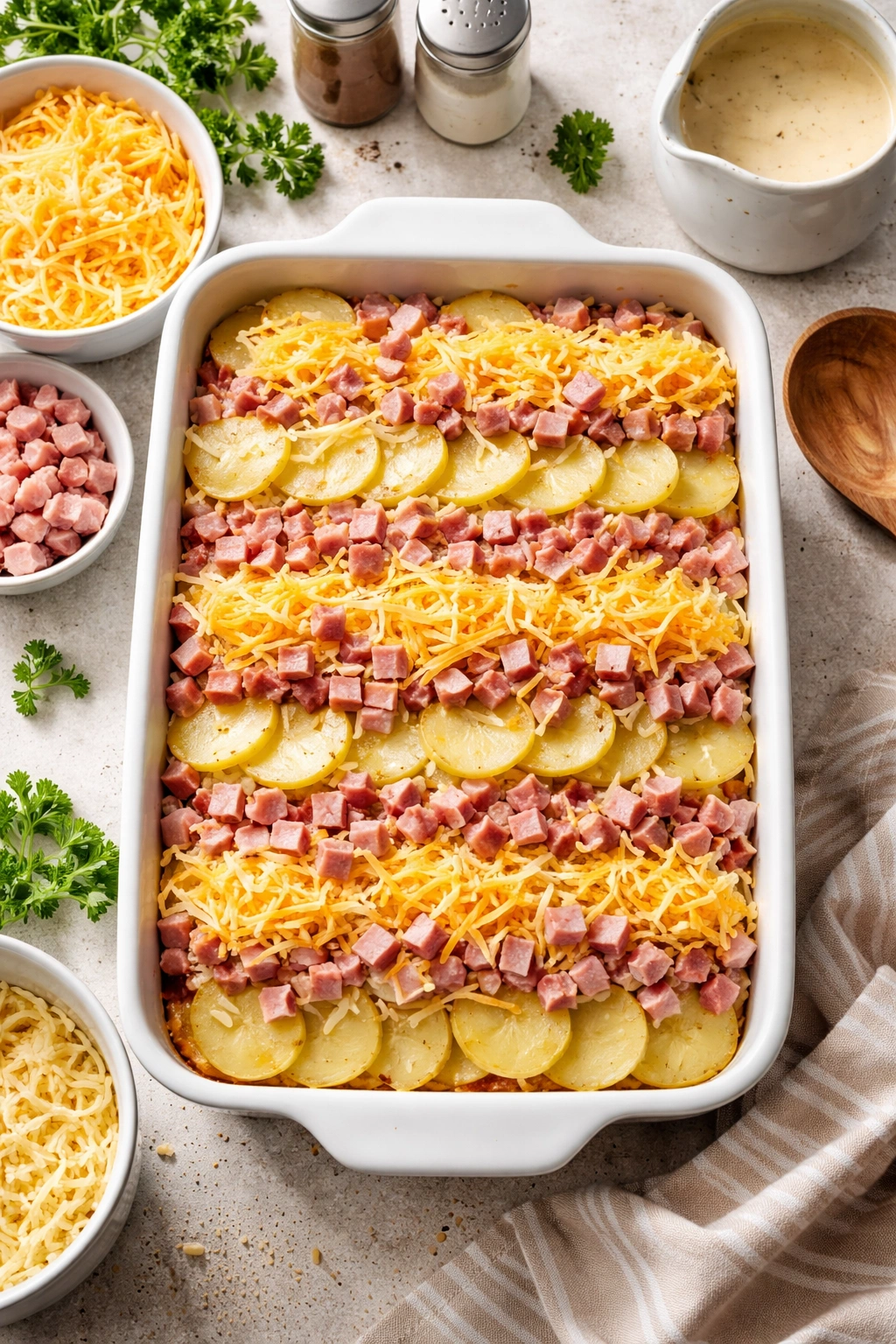 Layered casserole with potatoes, ham, and cheese visible from above