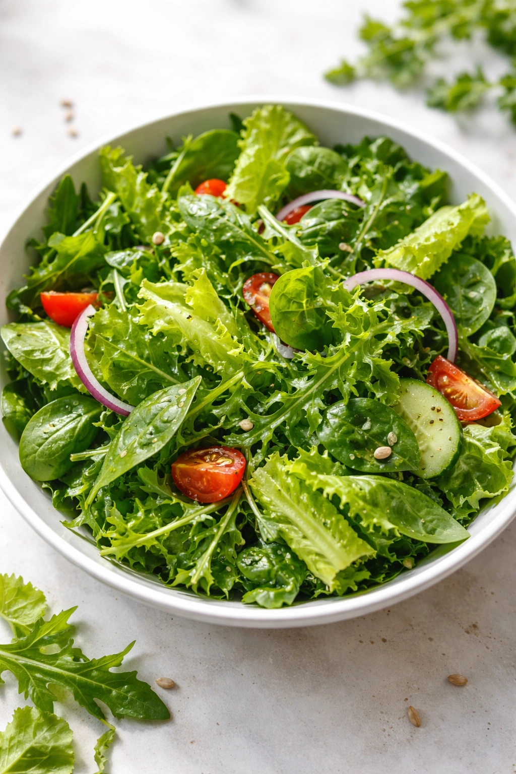 Mixed greens salad in a simple bowl