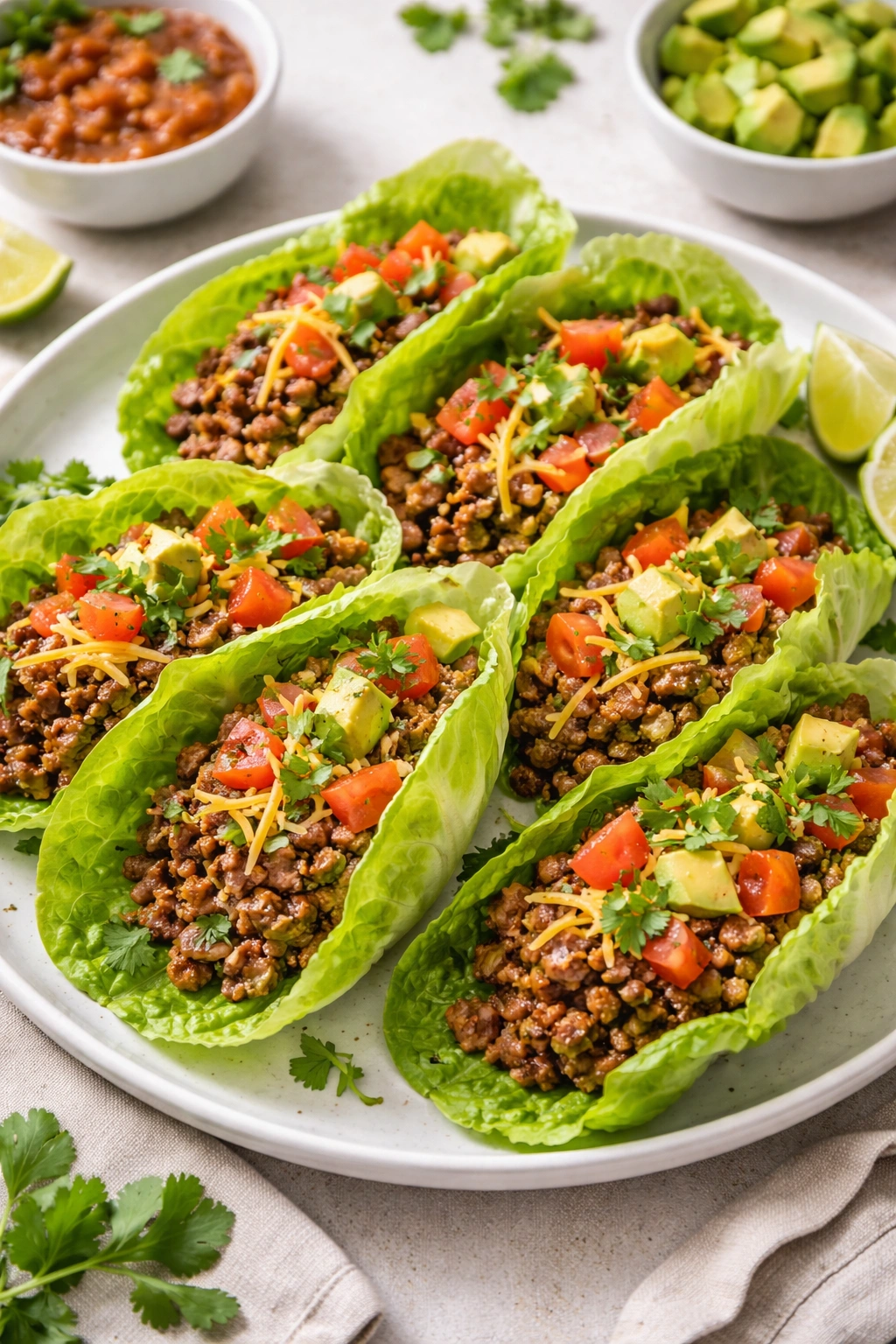 Lettuce wraps with seasoned lean beef, taco night without tortillas