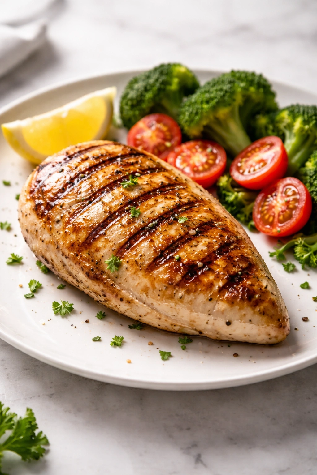 Grilled chicken breast showing lean protein and browning