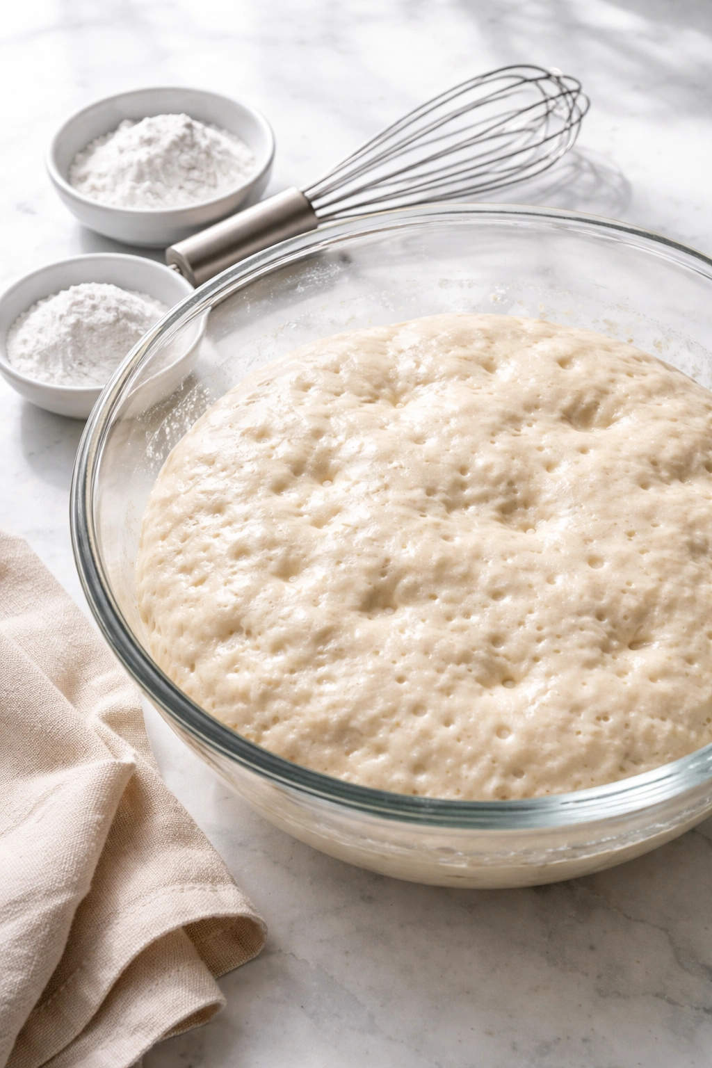 Close-up of dough with bubbles in a bowl illustrating leavening chemistry without yeast