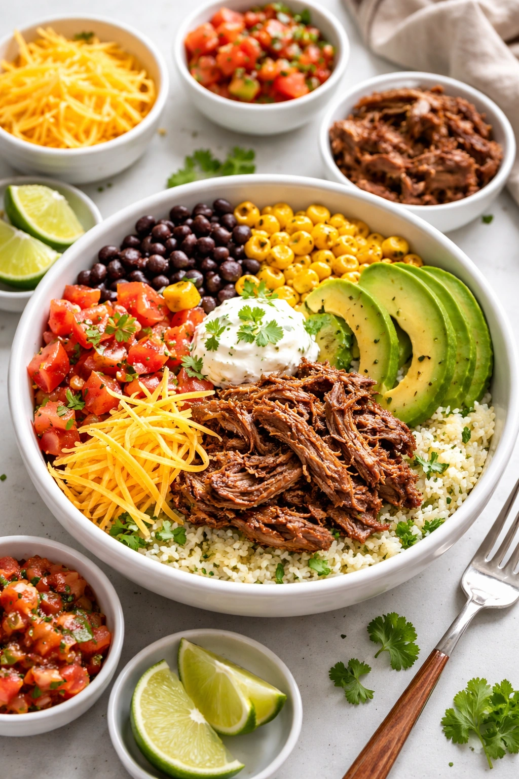 Burrito bowl with shredded beef and rice, beans, corn, and avocado