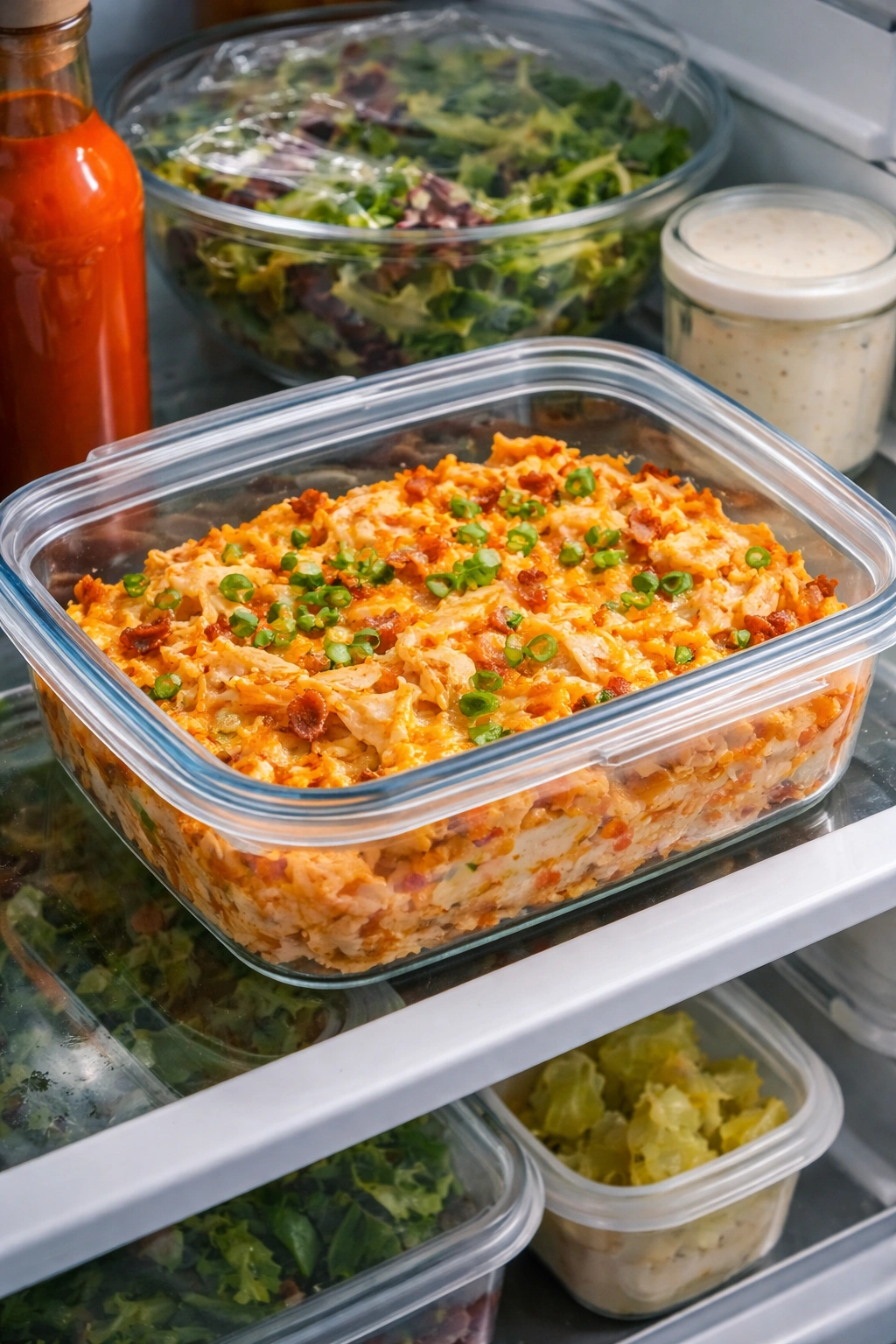 Leftover buffalo chicken casserole in an airtight container on fridge shelf