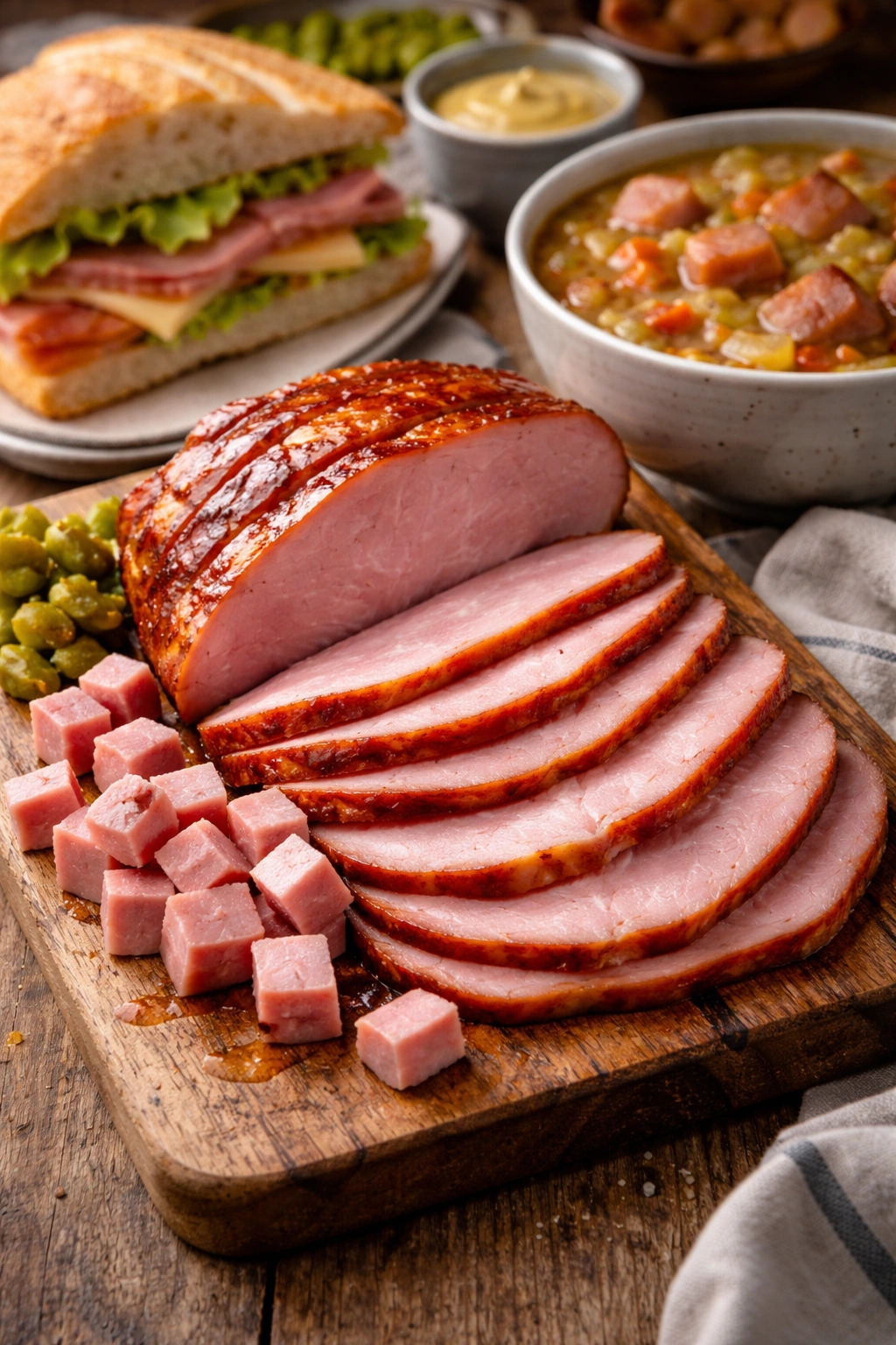 Sliced ham leftovers on a wooden board