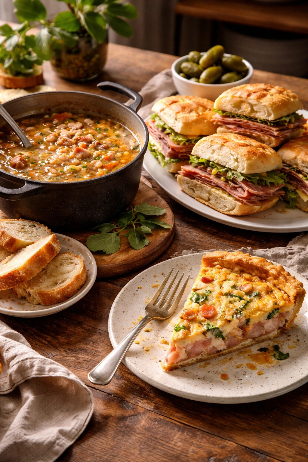 Assorted leftover-ham dishes including soup, sandwiches, and quiche on a rustic table