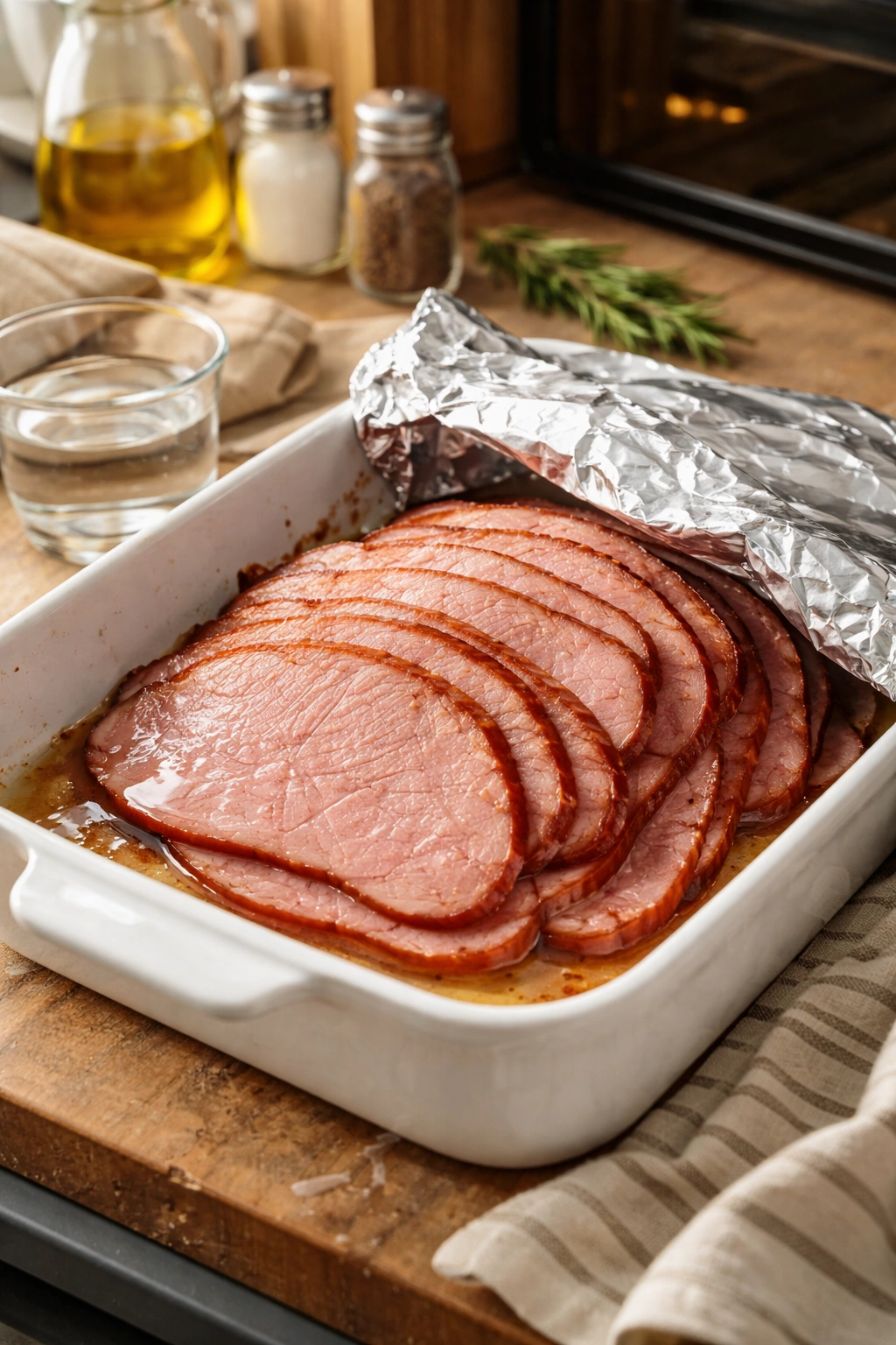 Sliced ham wrapped in foil ready for reheating in the oven