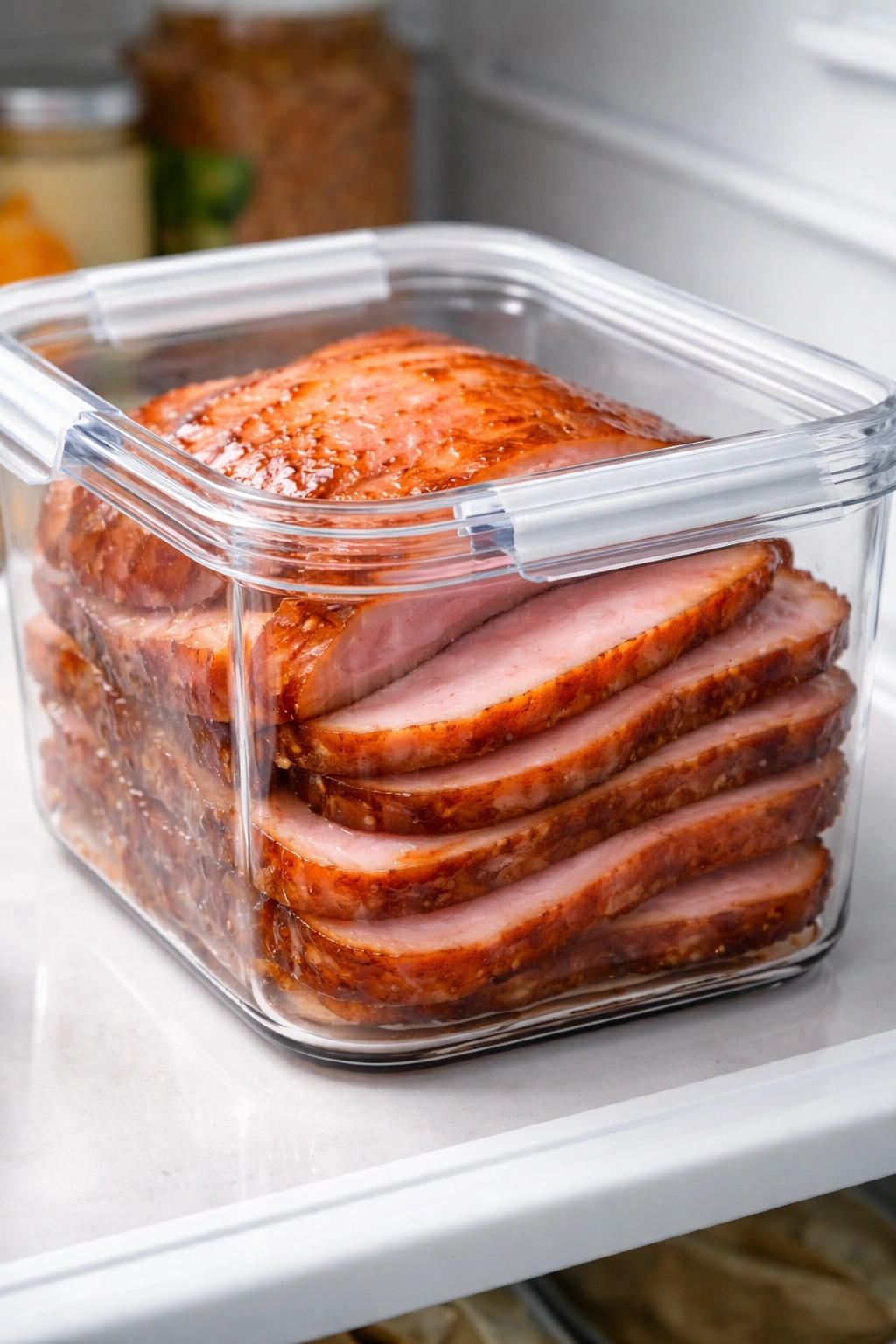 Slices of honey-glazed ham stored in a clear airtight container