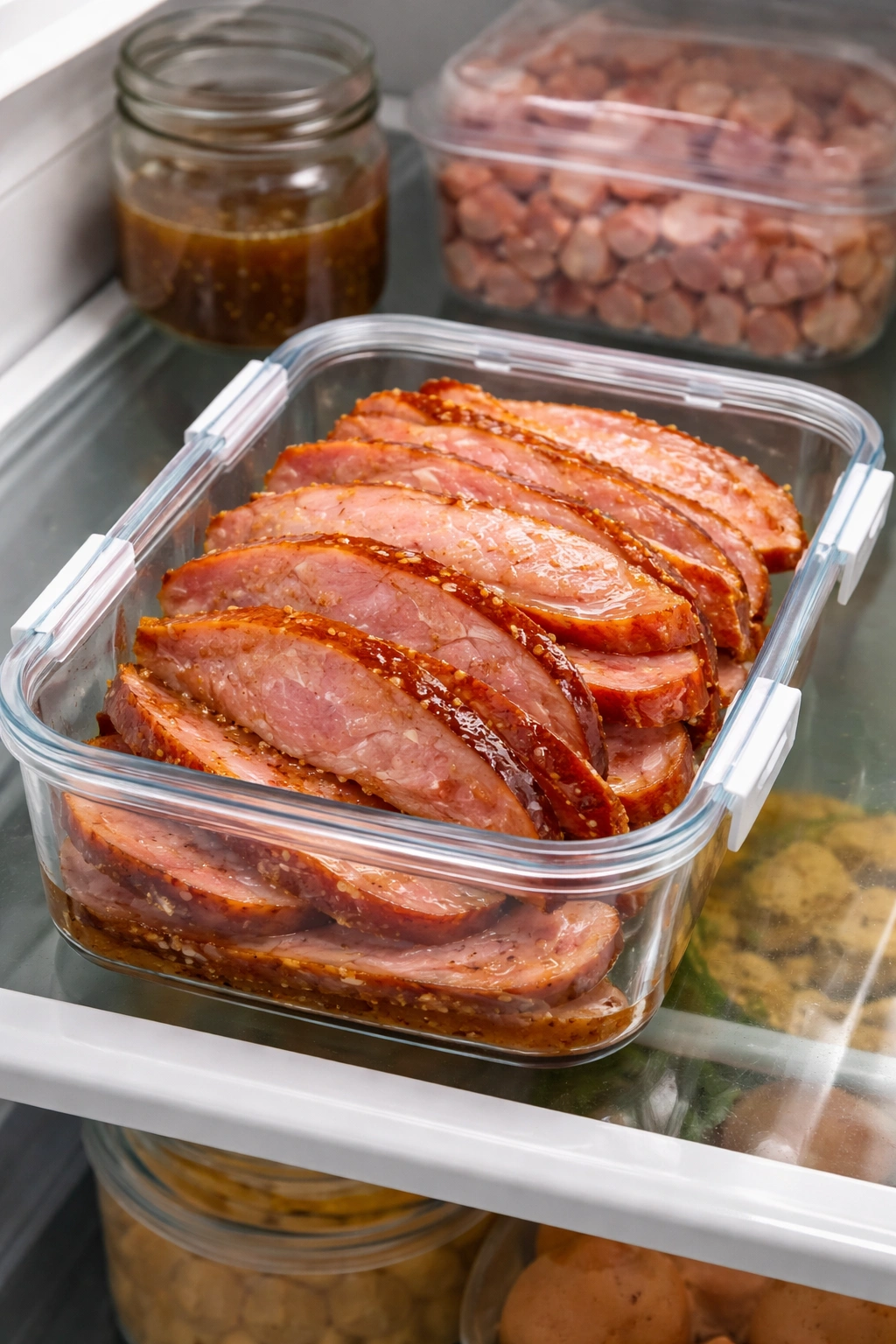 Close-up of leftover glazed ham slices in a clear airtight container on a refrigerator shelf