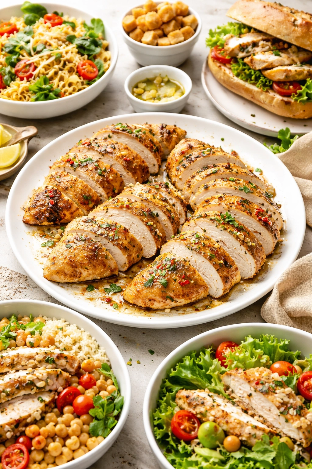 Sliced leftover Italian baked chicken on a plate with glaze