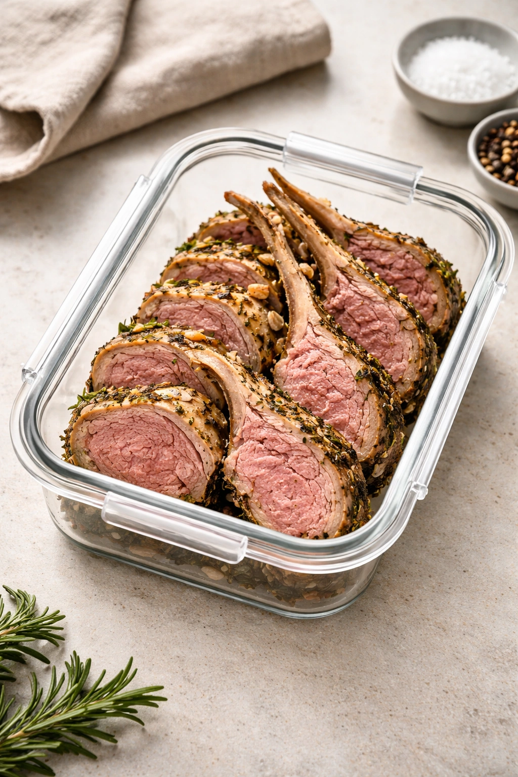 Leftover lamb slices in an airtight container ready for storage or reheating