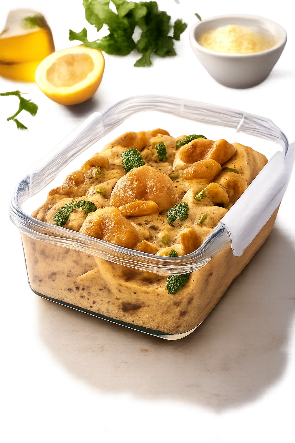 Leftover creamy Cajun shrimp pasta in a glass storage container