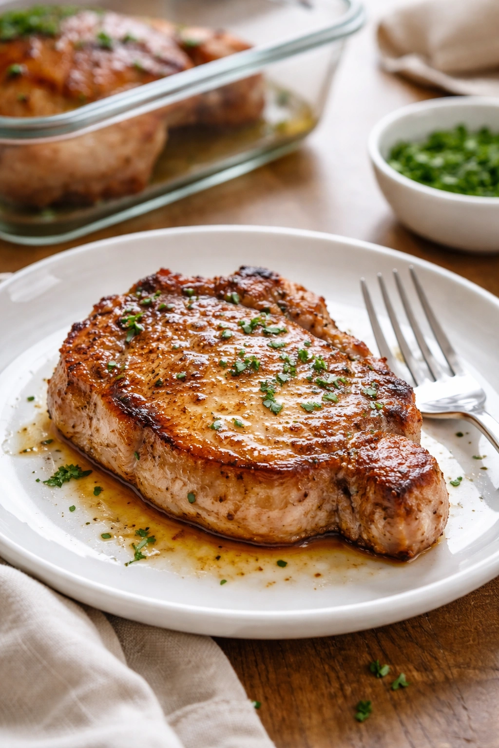 Leftover pork chop on plate with moist sheen