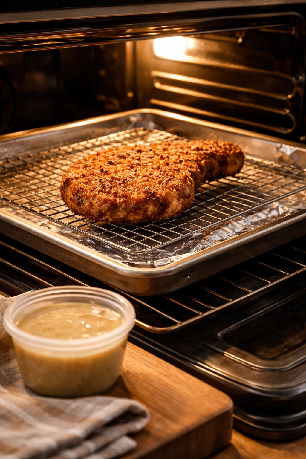 Pork chop on wire rack in oven with gravy on counter