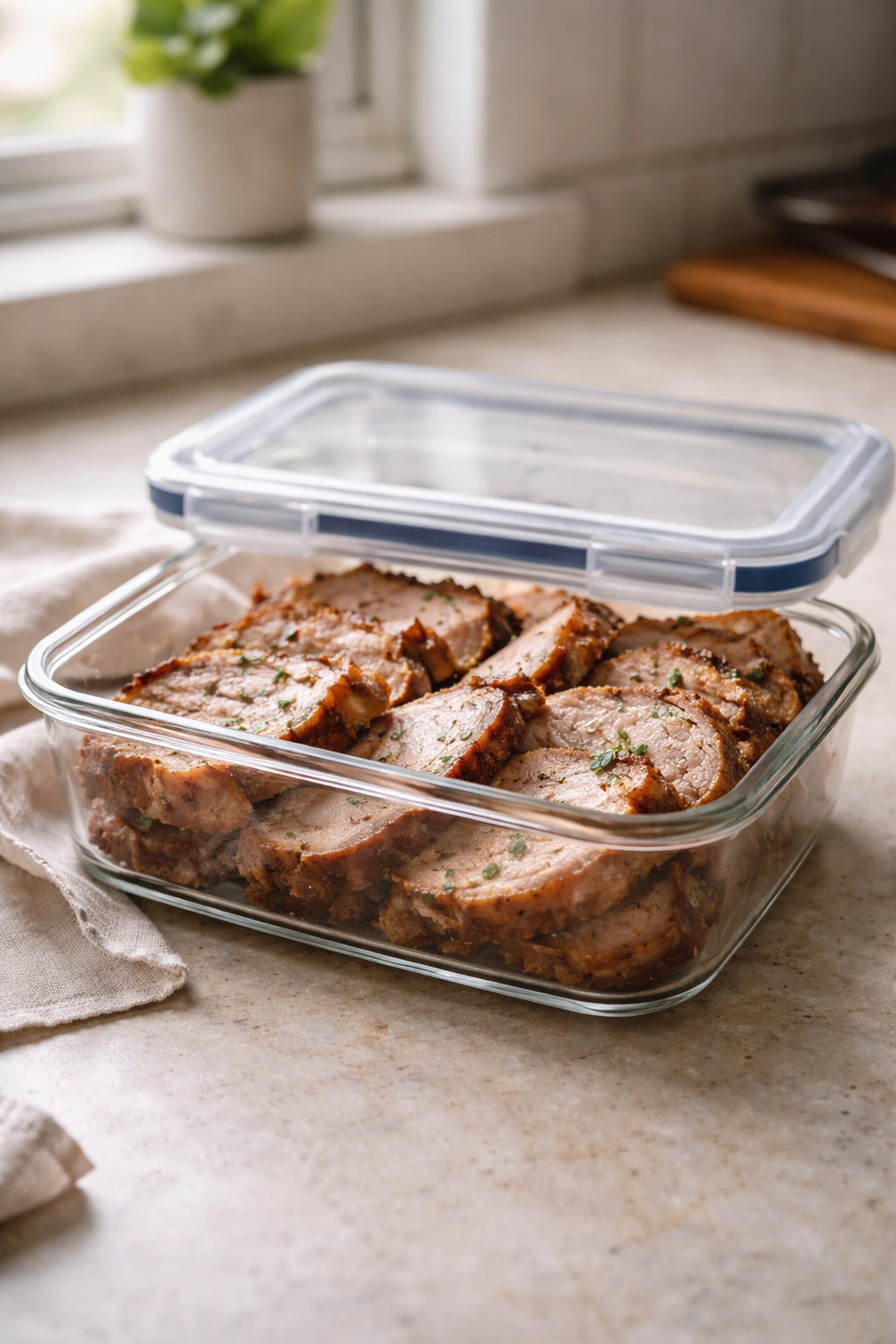 A sealed container with sliced pork chops stored for leftovers