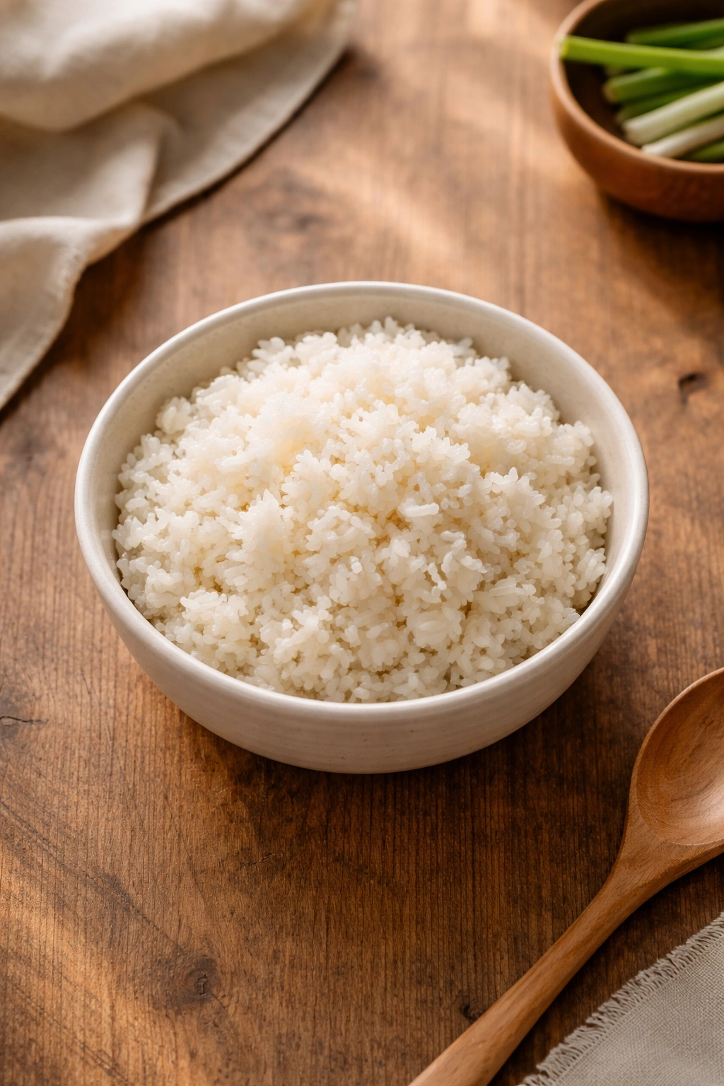 Bowl of leftover rice on a wooden table in soft light