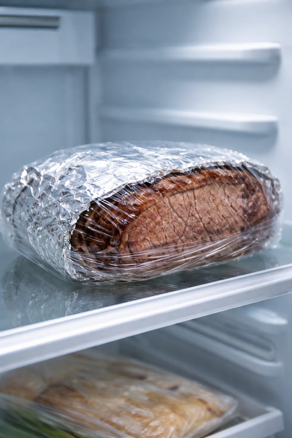 Wrapped leftover roast beef stored in fridge