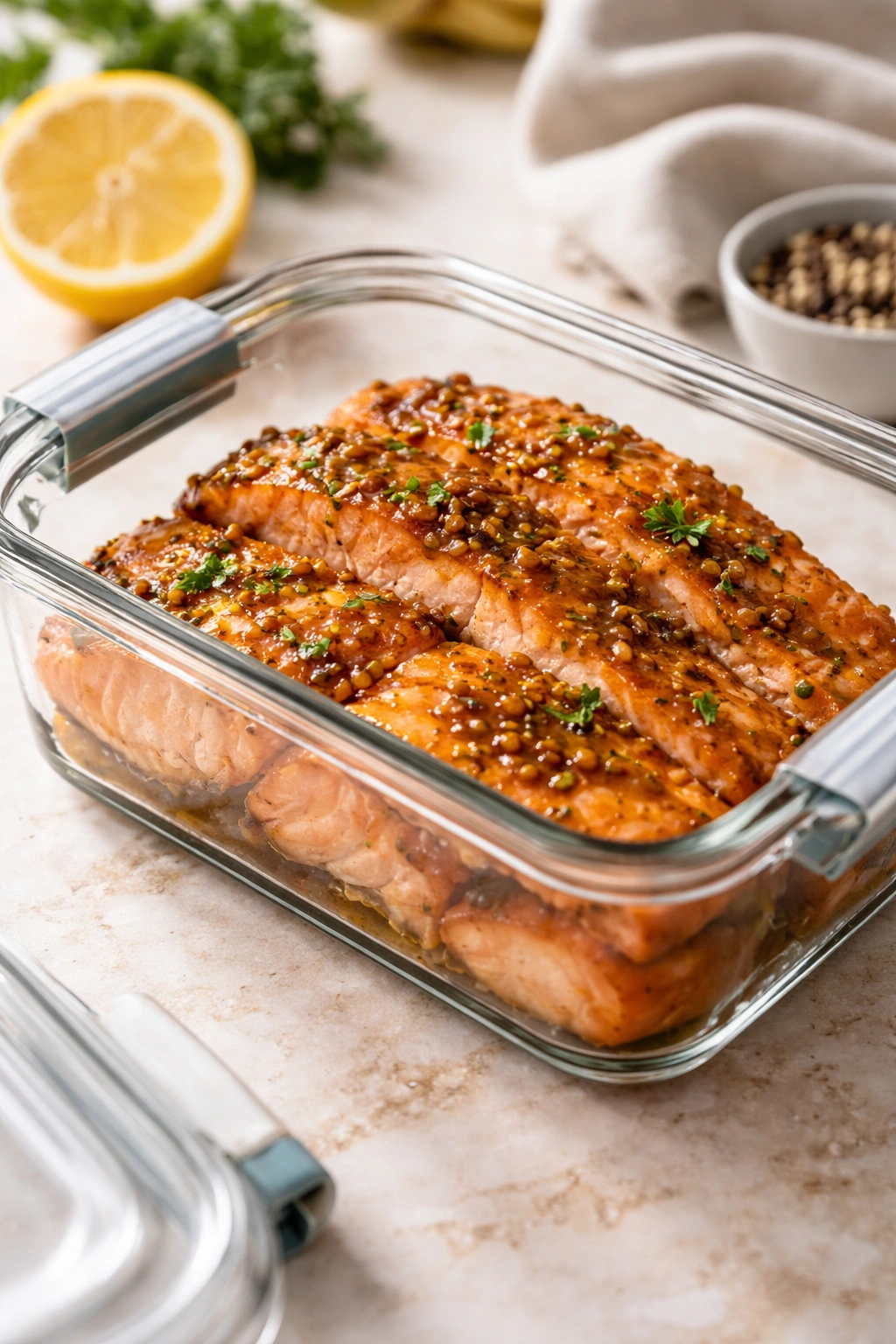 Close-up of a glass airtight container with salmon leftovers on a kitchen counter
