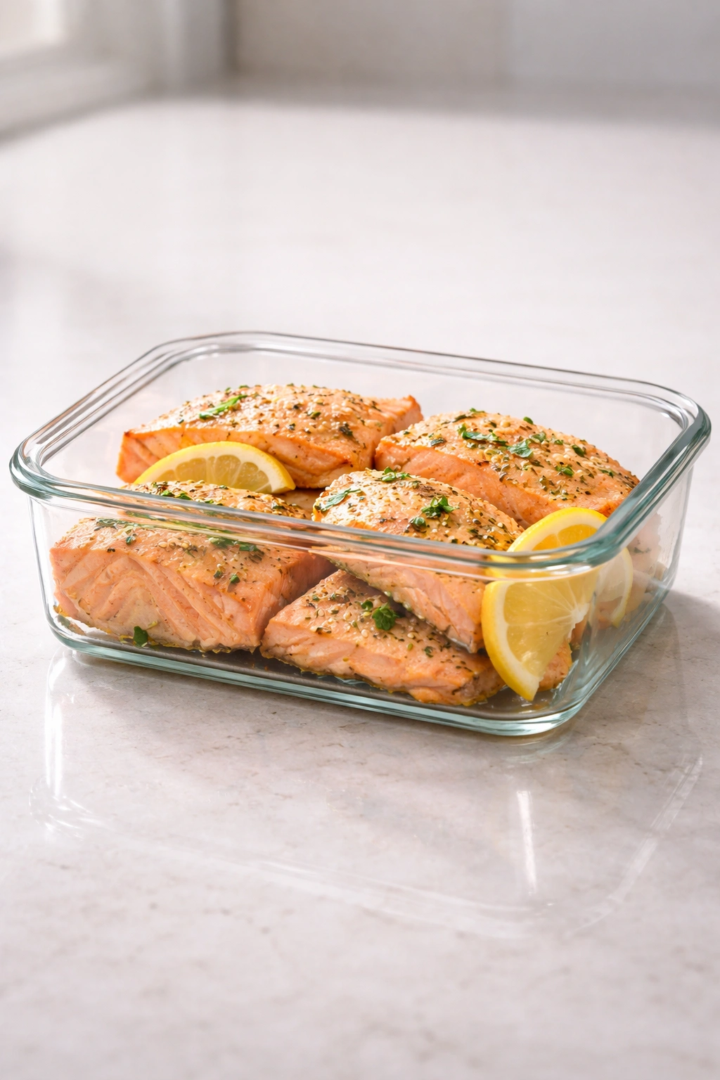 Leftover salmon in glass container on counter