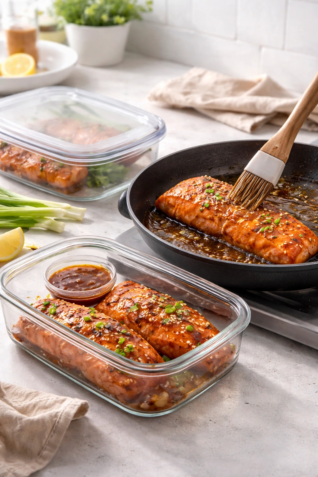 Leftover salmon in a container and a skillet for reheating to illustrate storage and reheating