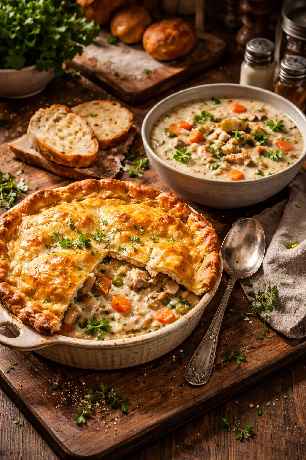 Leftover turkey pot pie and soup on a countertop