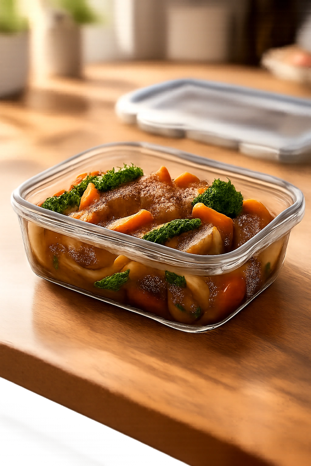 Glass airtight container with beef stir-fry leftovers on a wooden kitchen counter.