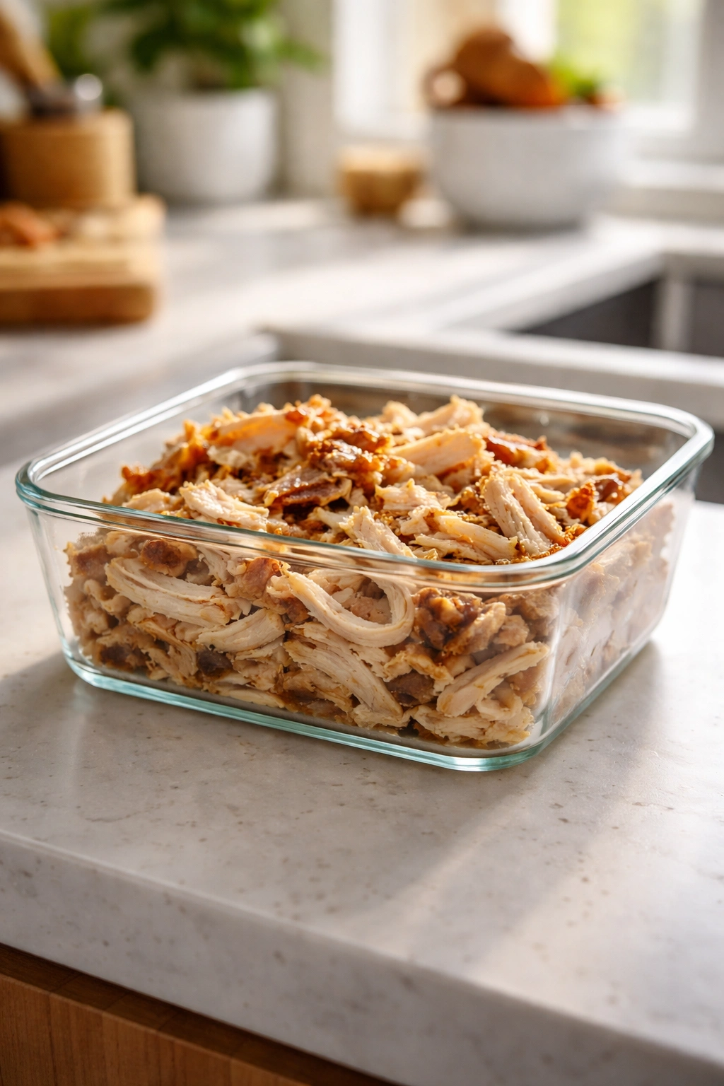 Container of shredded roast chicken for leftovers on kitchen counter