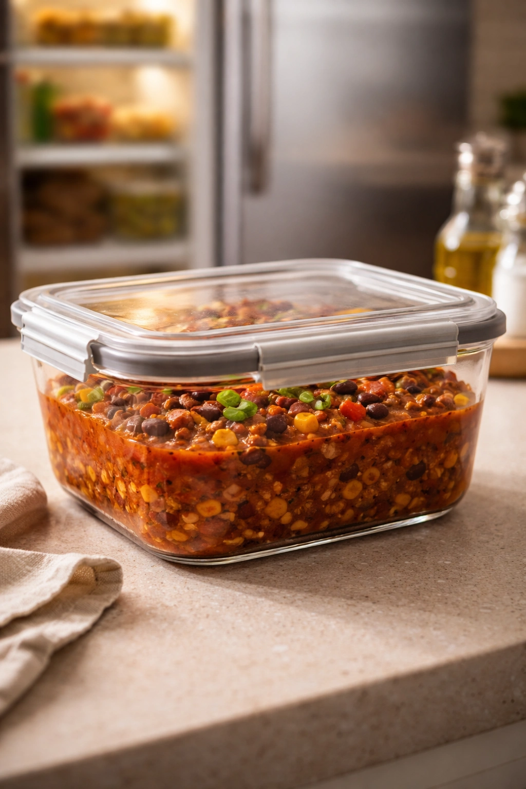 Leftover chili in an airtight container on a kitchen counter, ready for storage or reheating