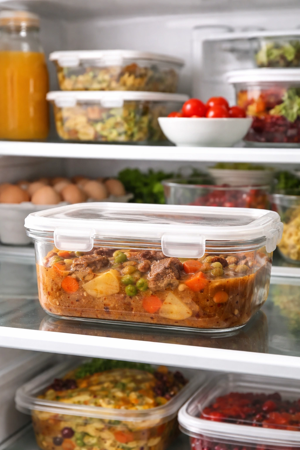Container of leftovers in fridge neatly stored for future meals