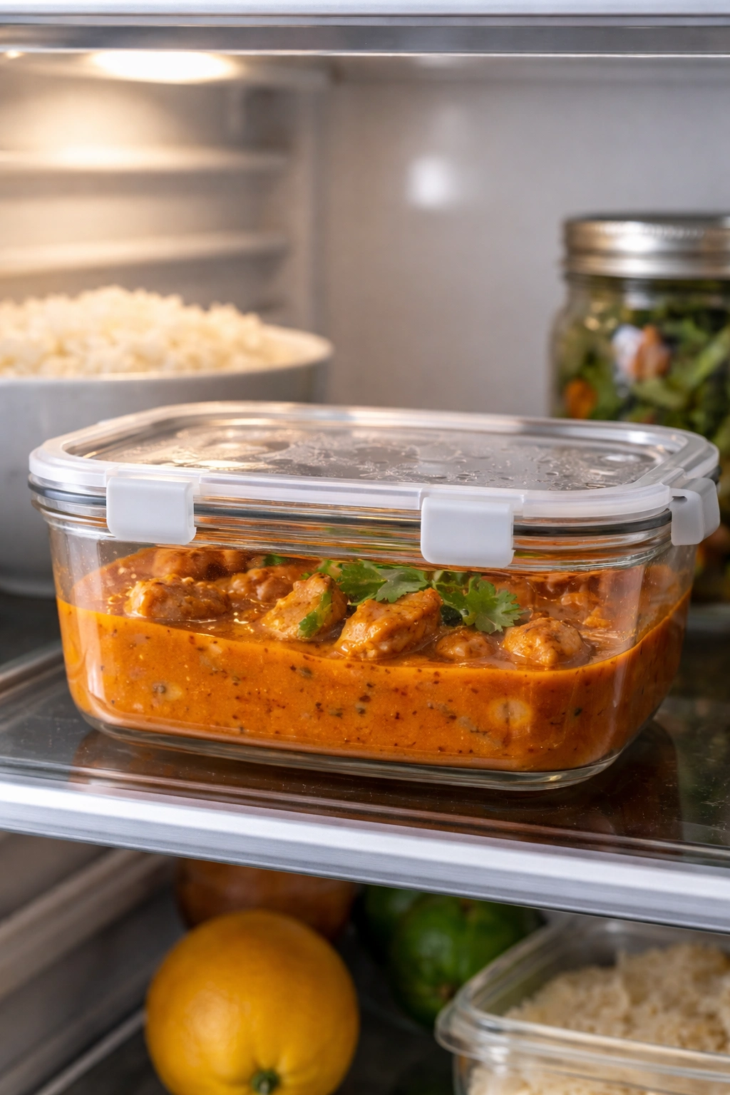 Leftover chicken tikka masala stored in an airtight container in the refrigerator