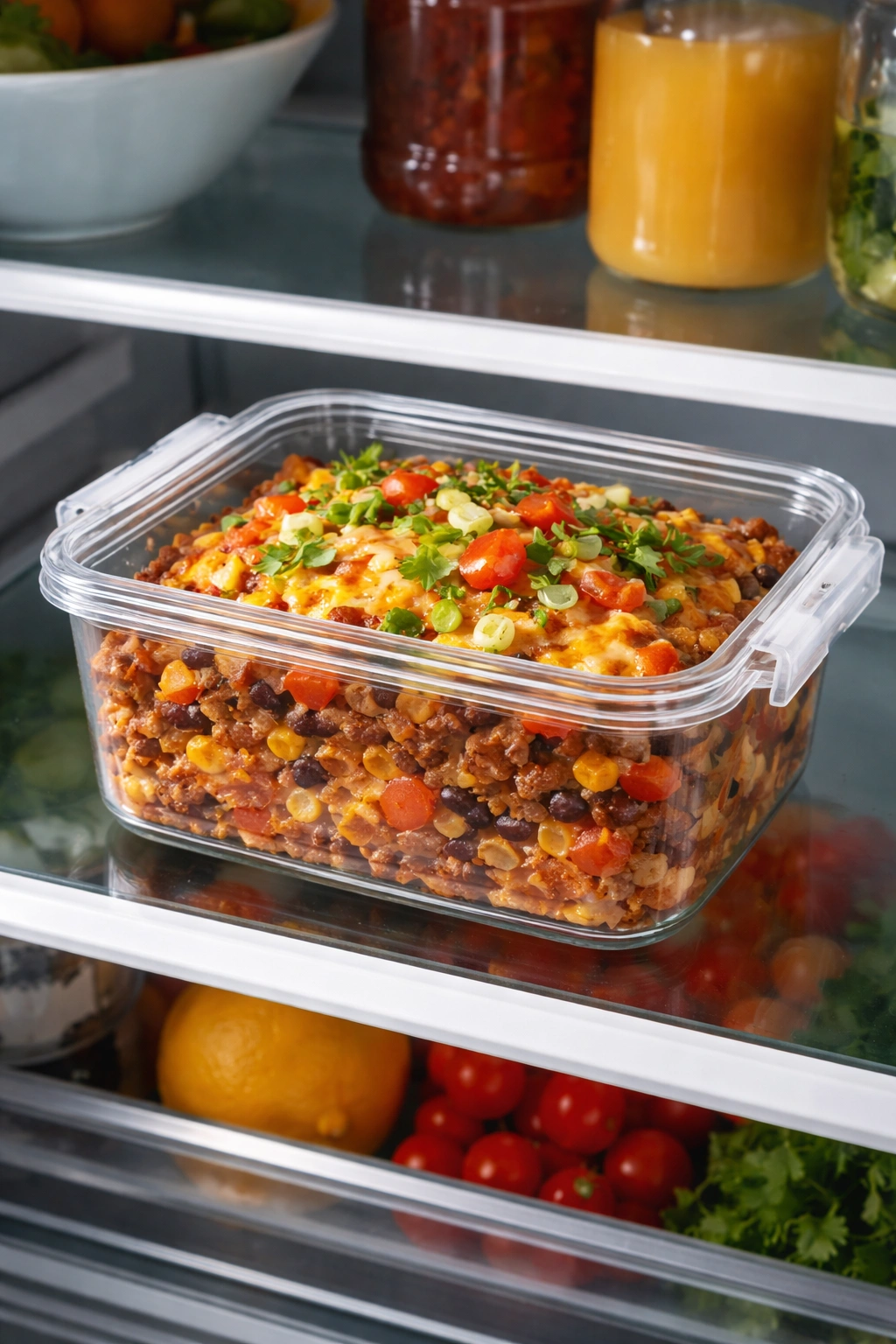 Glass container of taco casserole leftovers on a fridge shelf