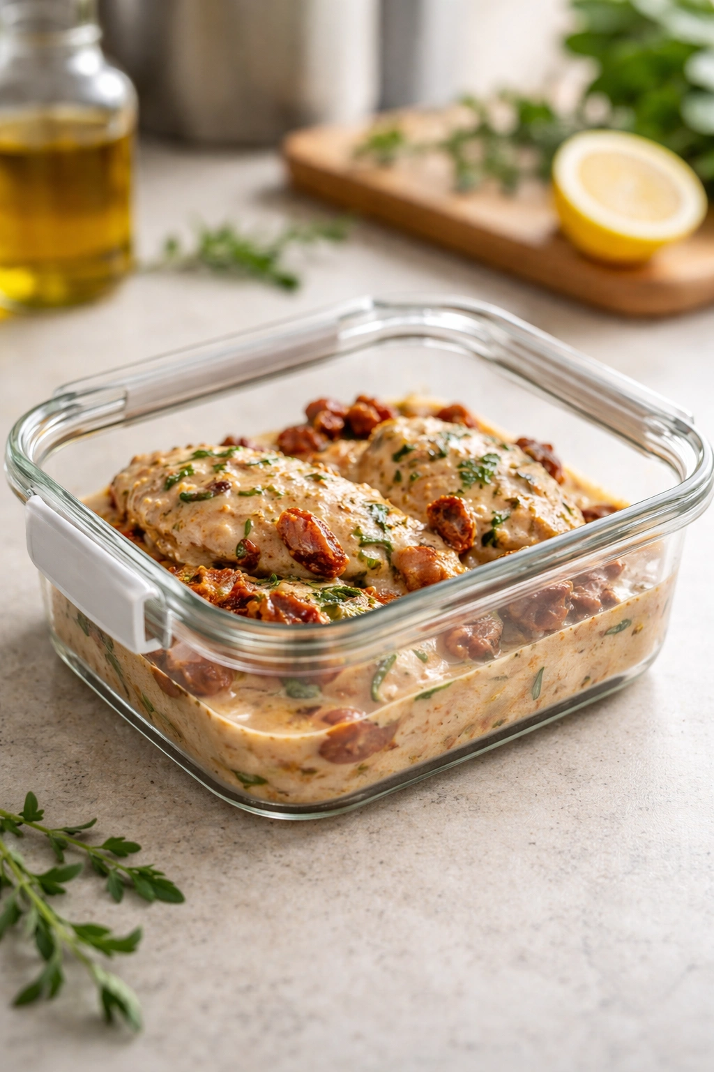 Leftover sun-dried tomato chicken stored in a glass container
