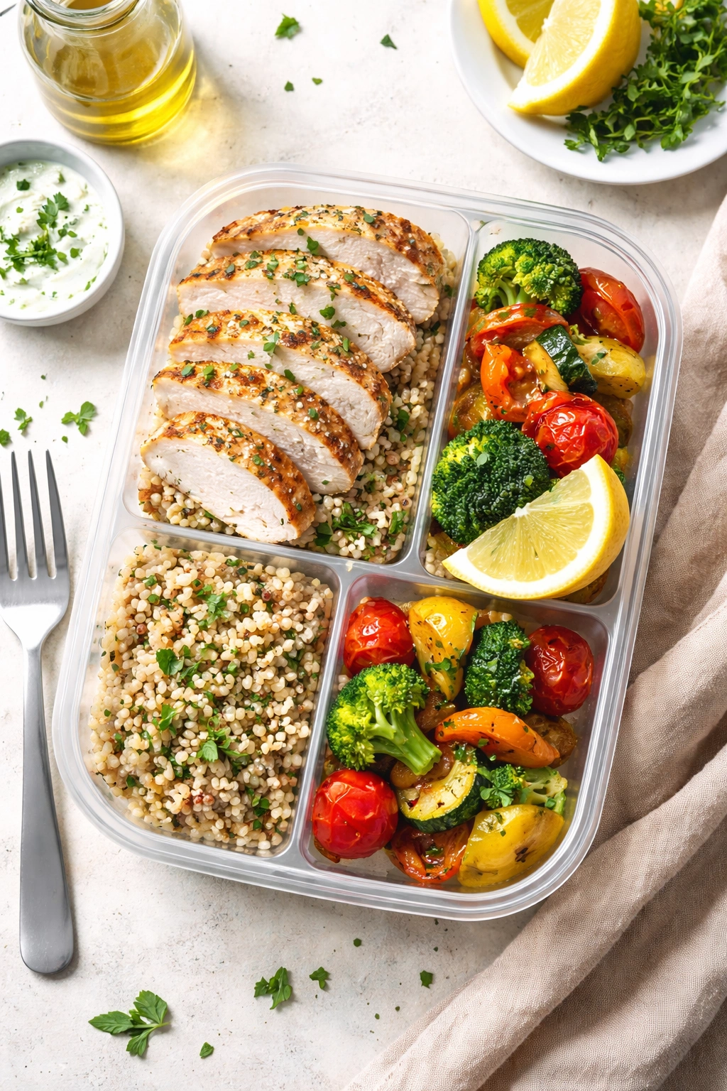 Cold leftovers lunch with chicken, farro, and vegetables in a segmented container