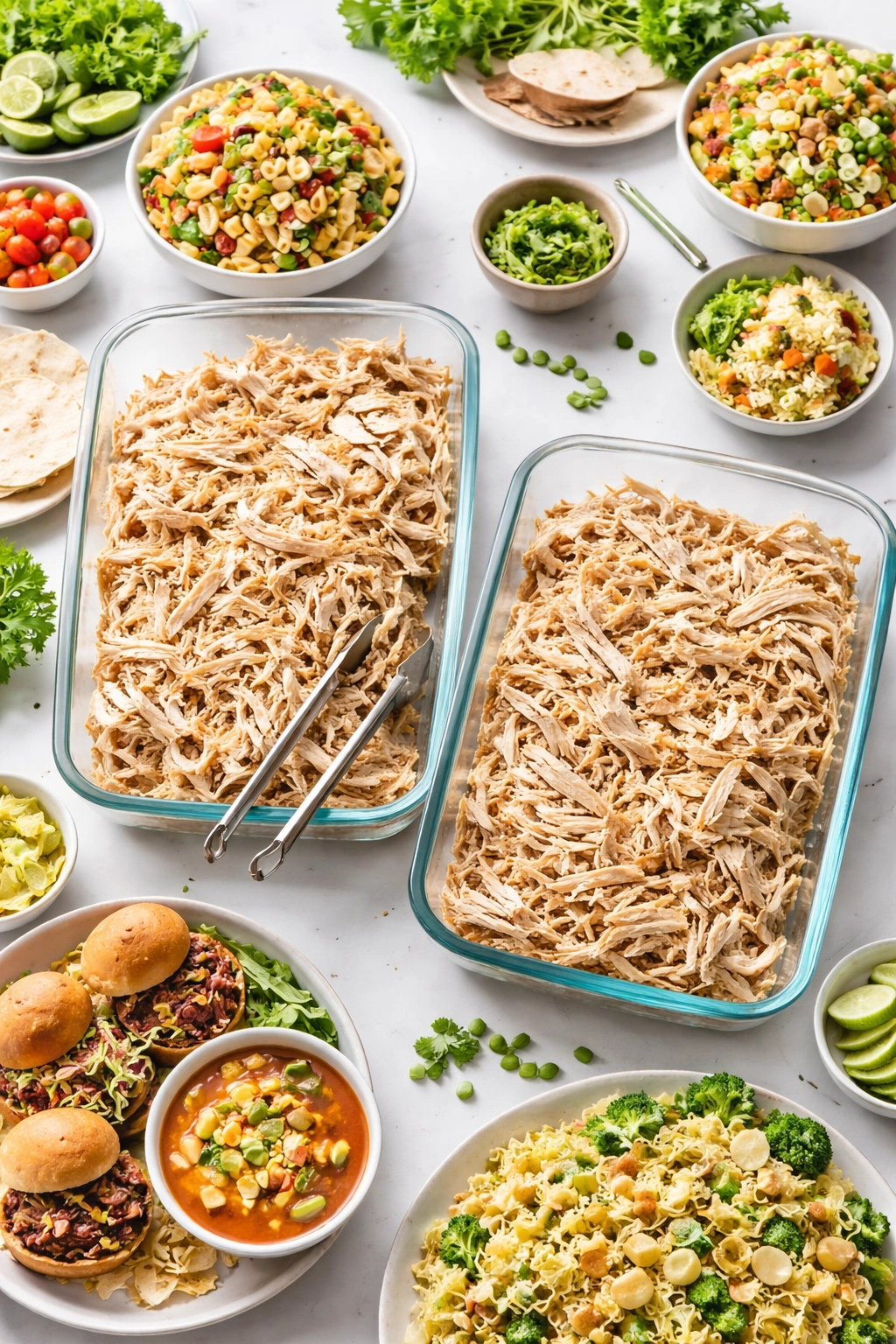 Shredded rotisserie chicken portions in two containers on a counter