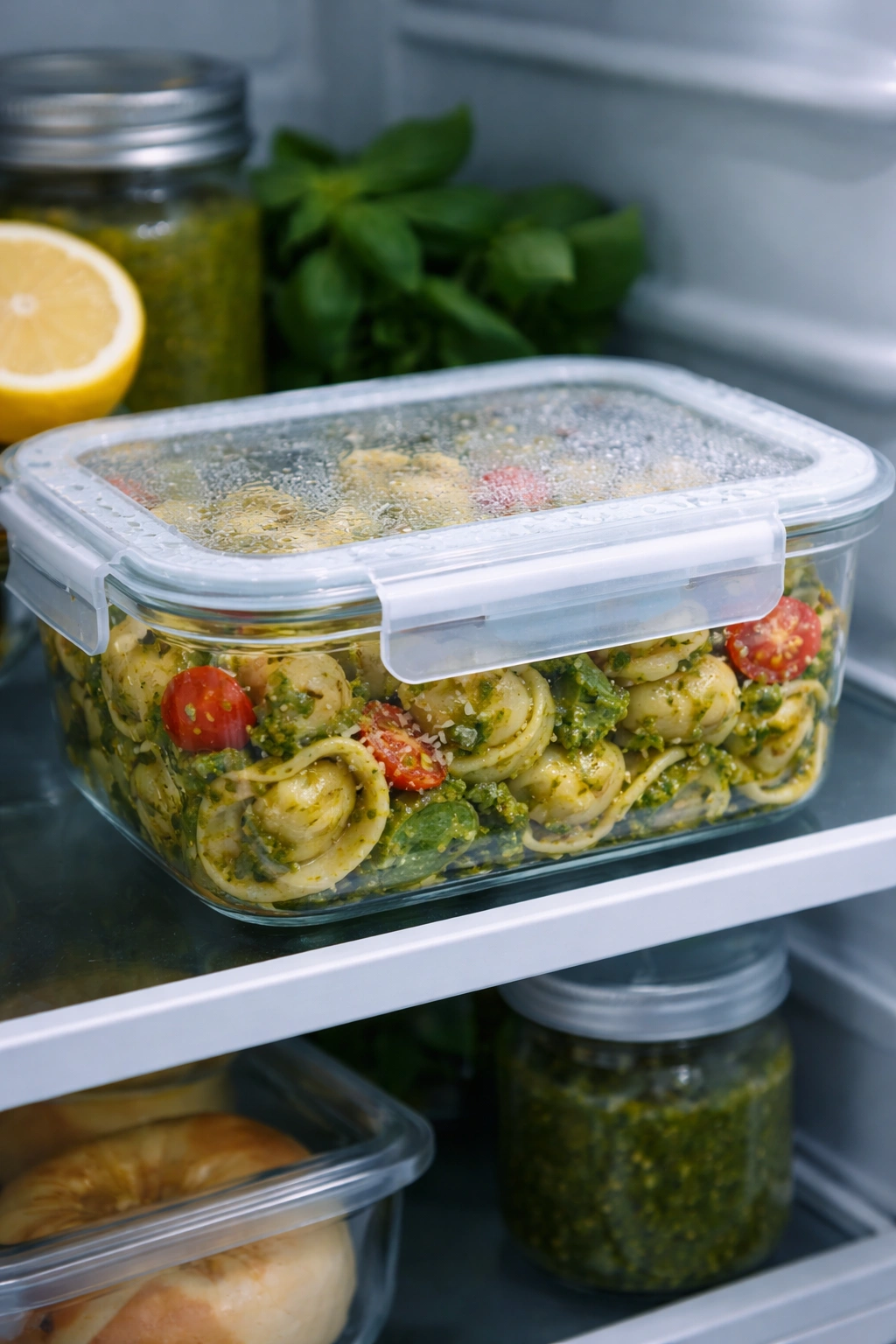 Leftover pesto tortellini in an airtight container inside the fridge.