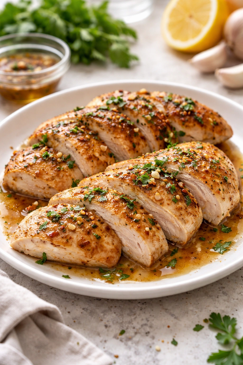 Close-up of leftover Italian baked chicken slices on a plate with juices