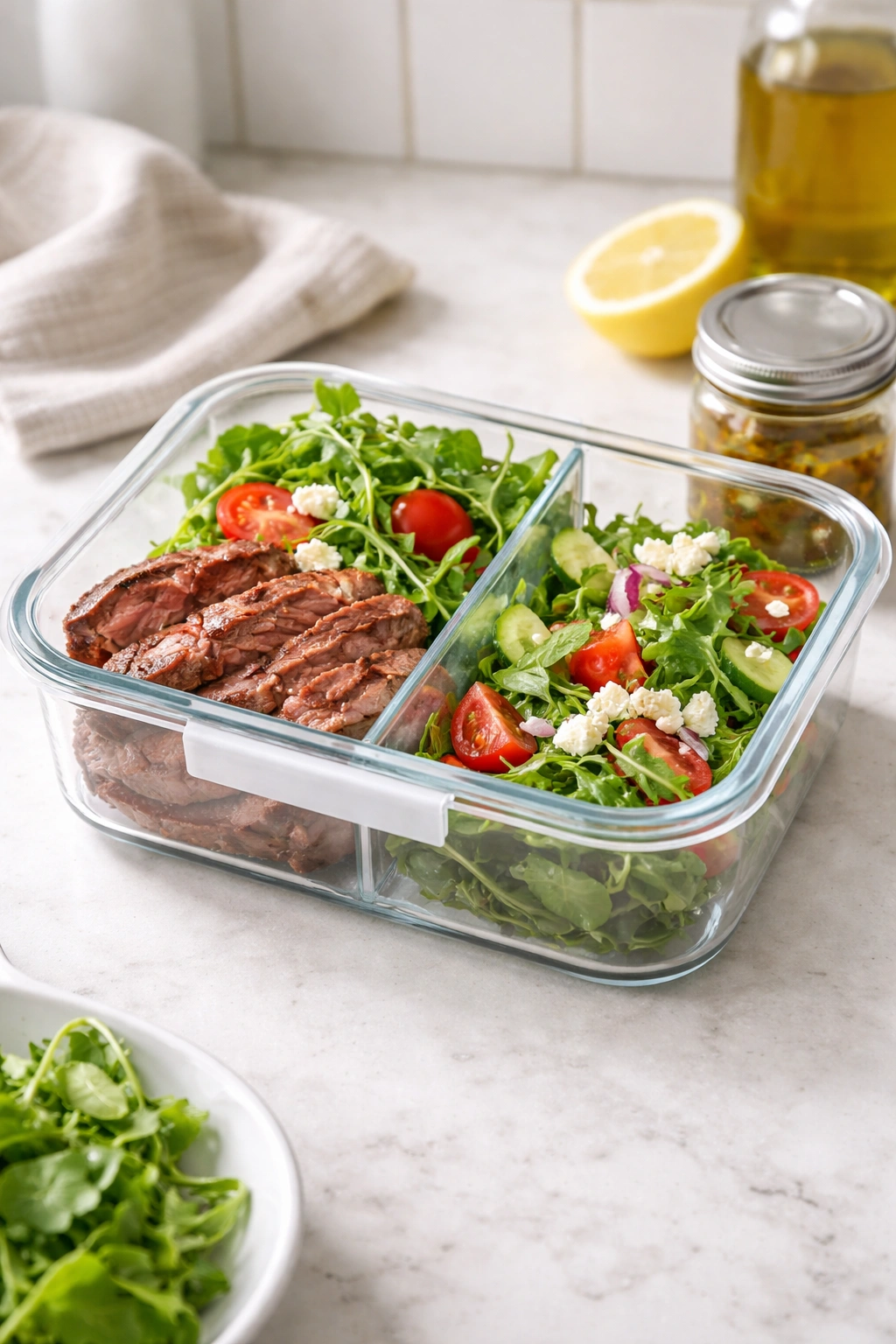 Airtight containers hold steak and greens separately with a vinaigrette jar on a bright counter.