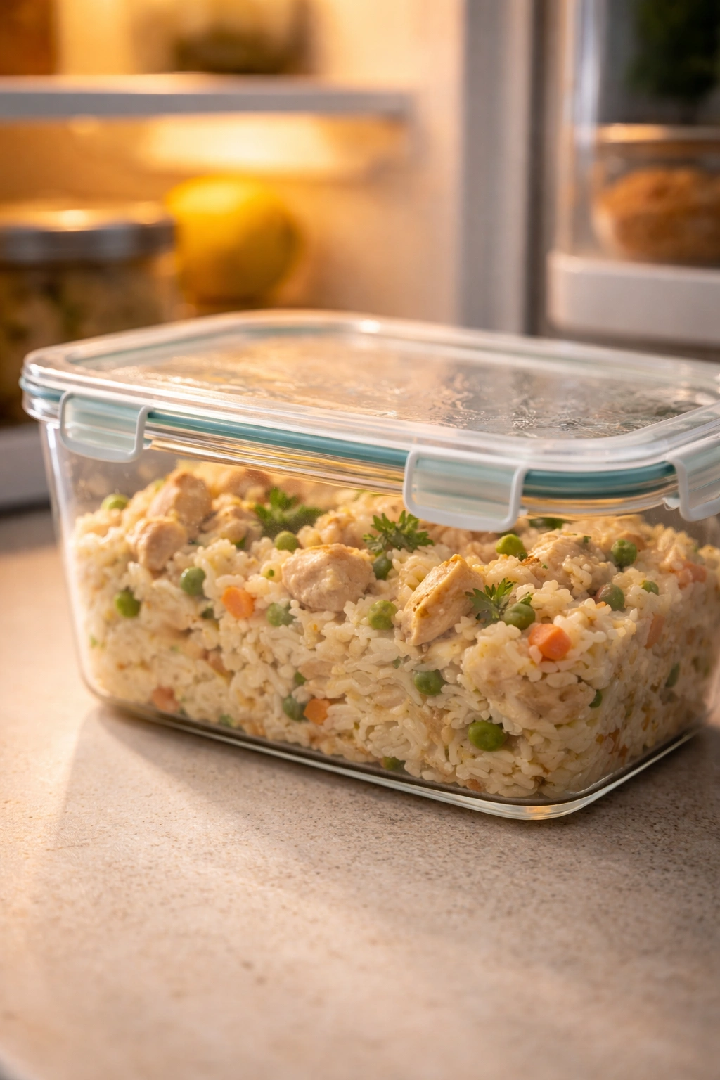 Close-up of an airtight glass container of chicken and rice leftovers on a kitchen counter
