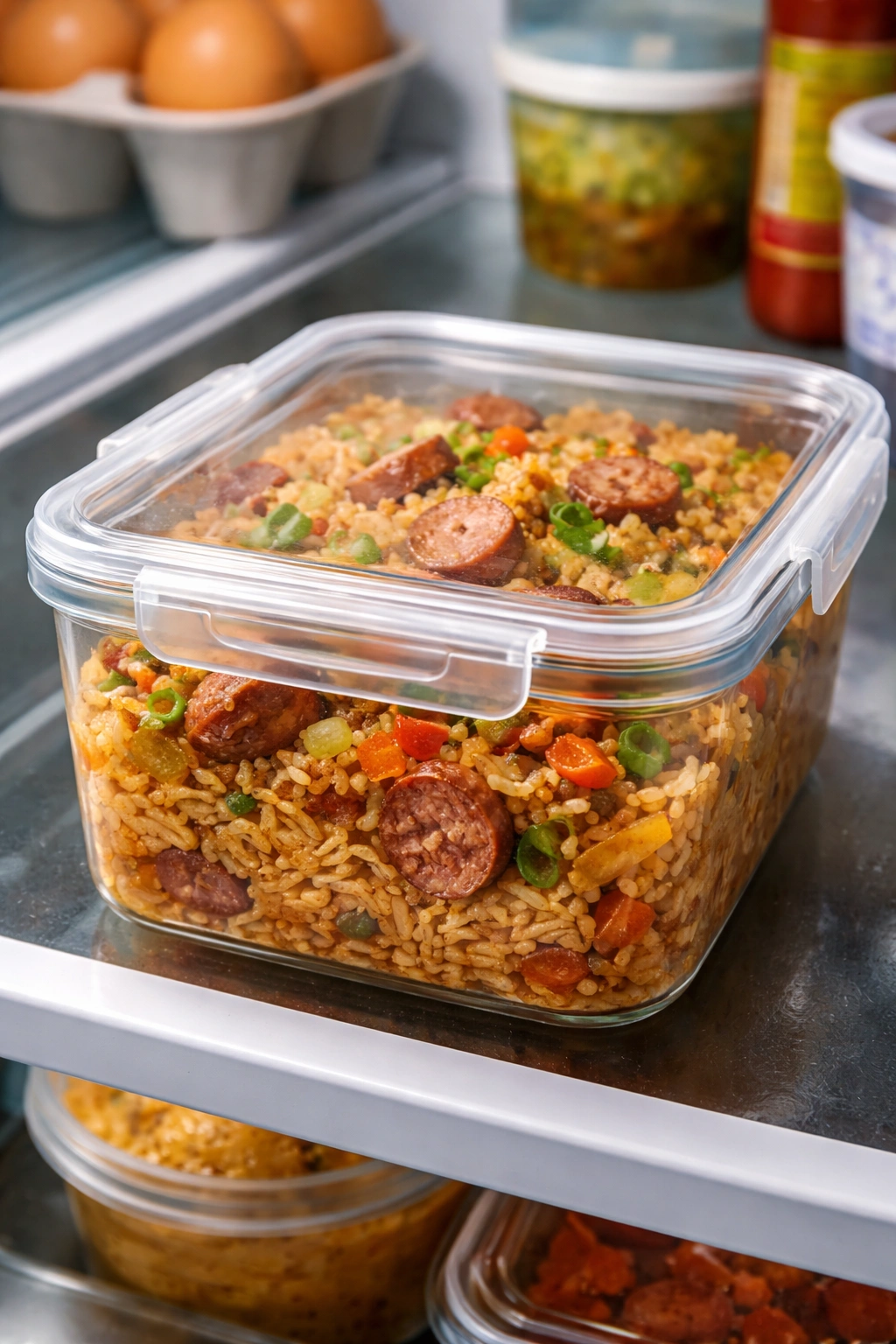 Airtight container with leftover Cajun rice and sausage in a fridge
