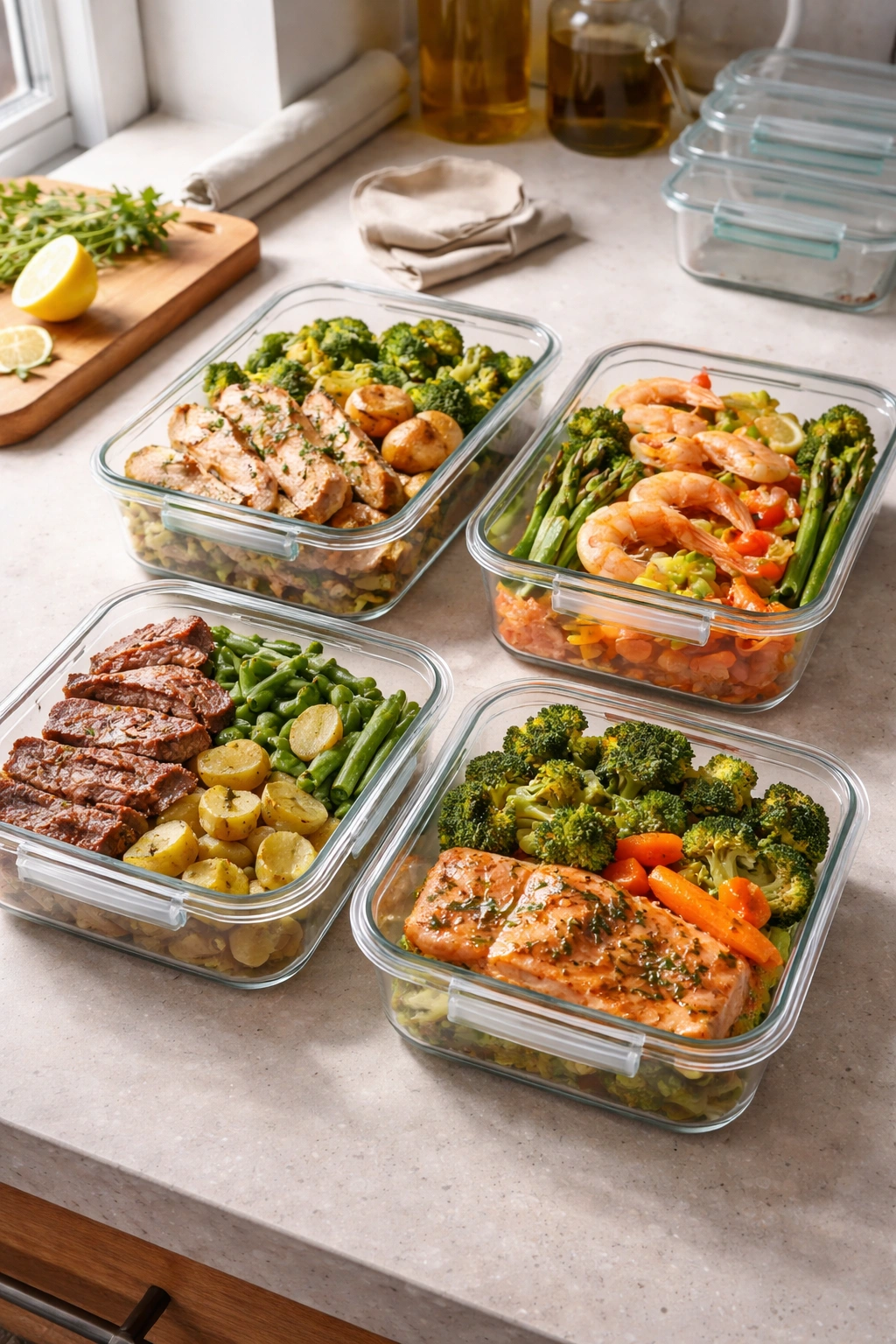 Airtight containers with cooled leftovers ready for refrigeration