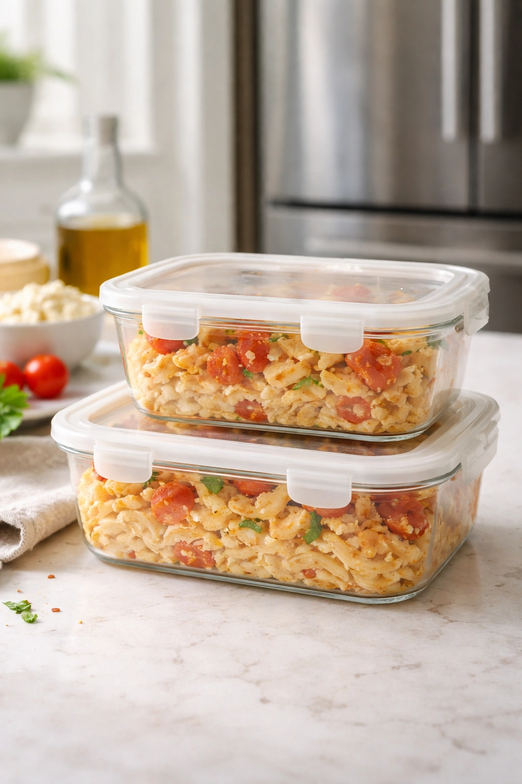 Airtight containers holding leftovers of baked feta pasta