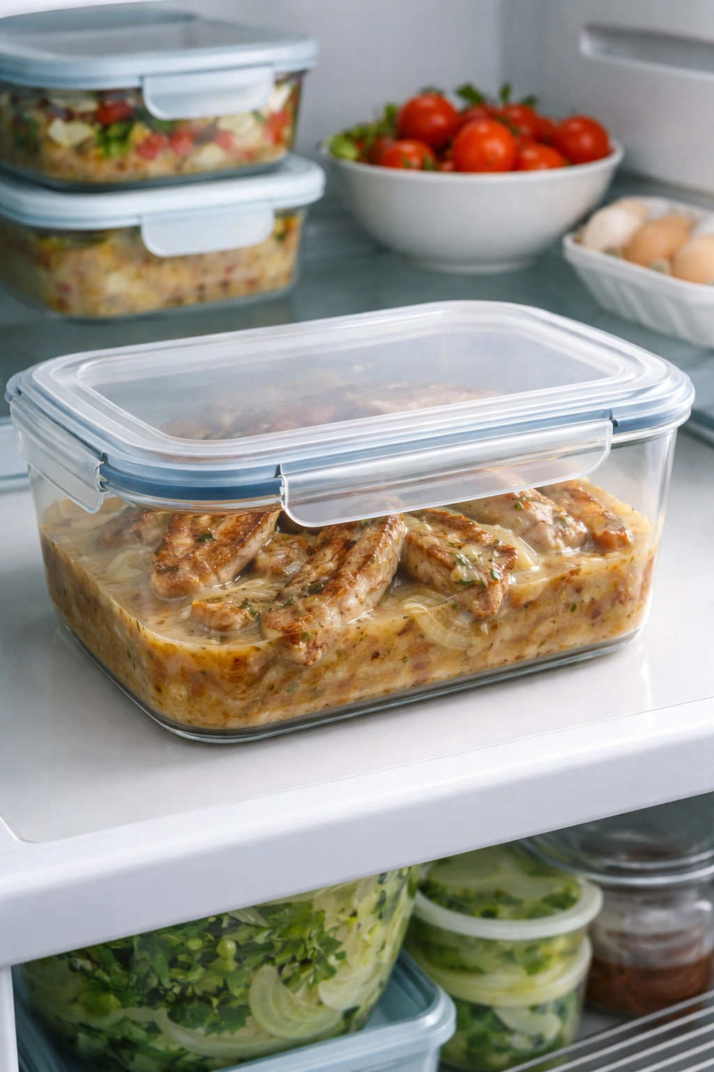 Leftover smothered pork chops in gravy in a glass container on fridge shelf