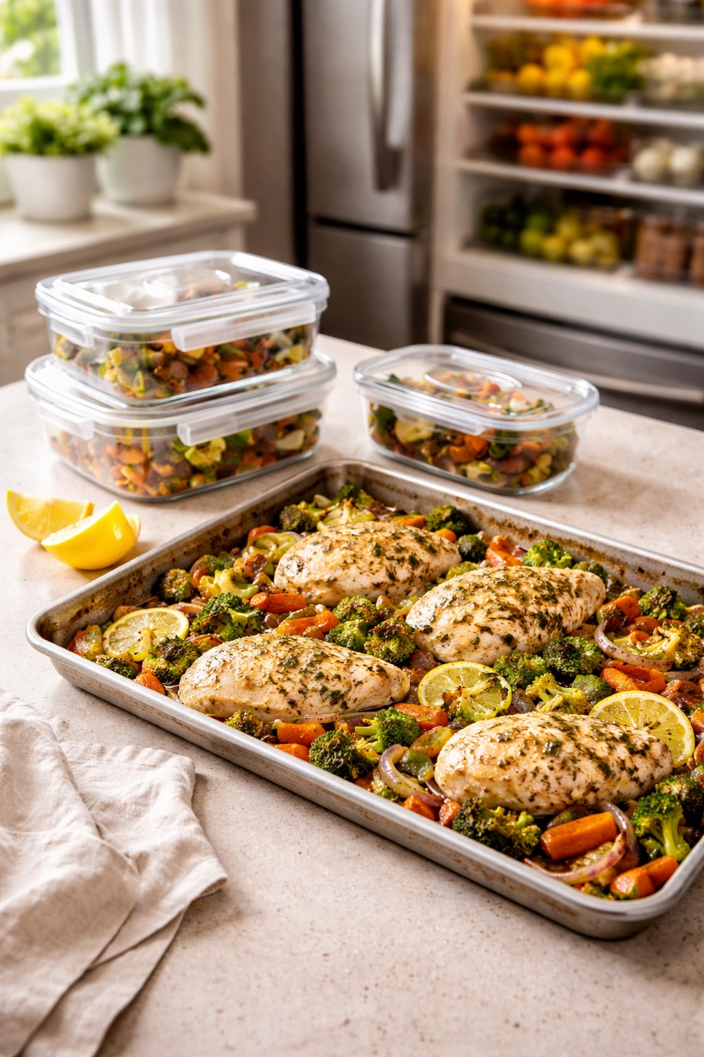 Leftover sheet pan chicken with vegetables stored in airtight containers in a kitchen