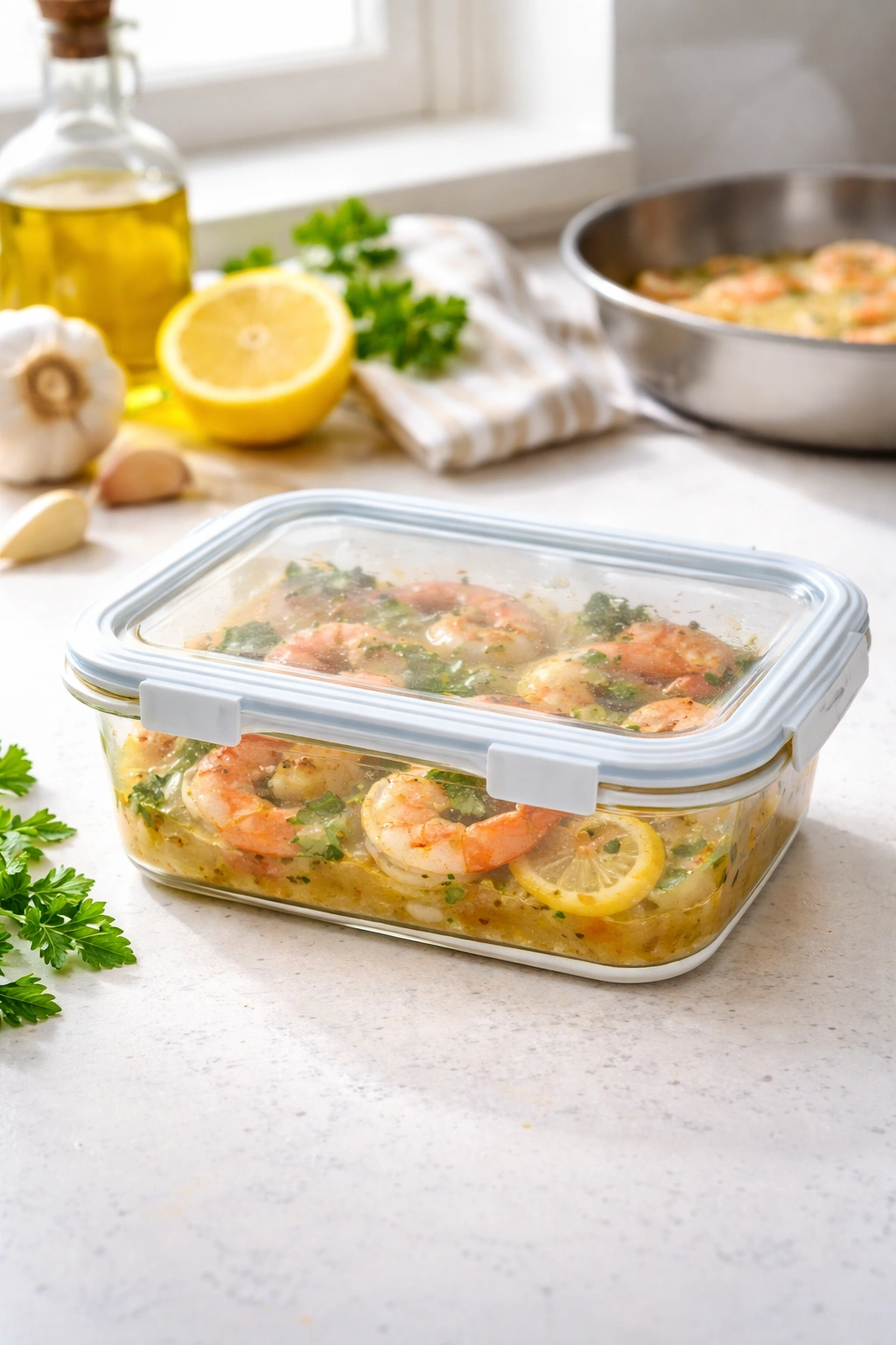 Leftover shrimp scampi in an airtight container on a countertop.